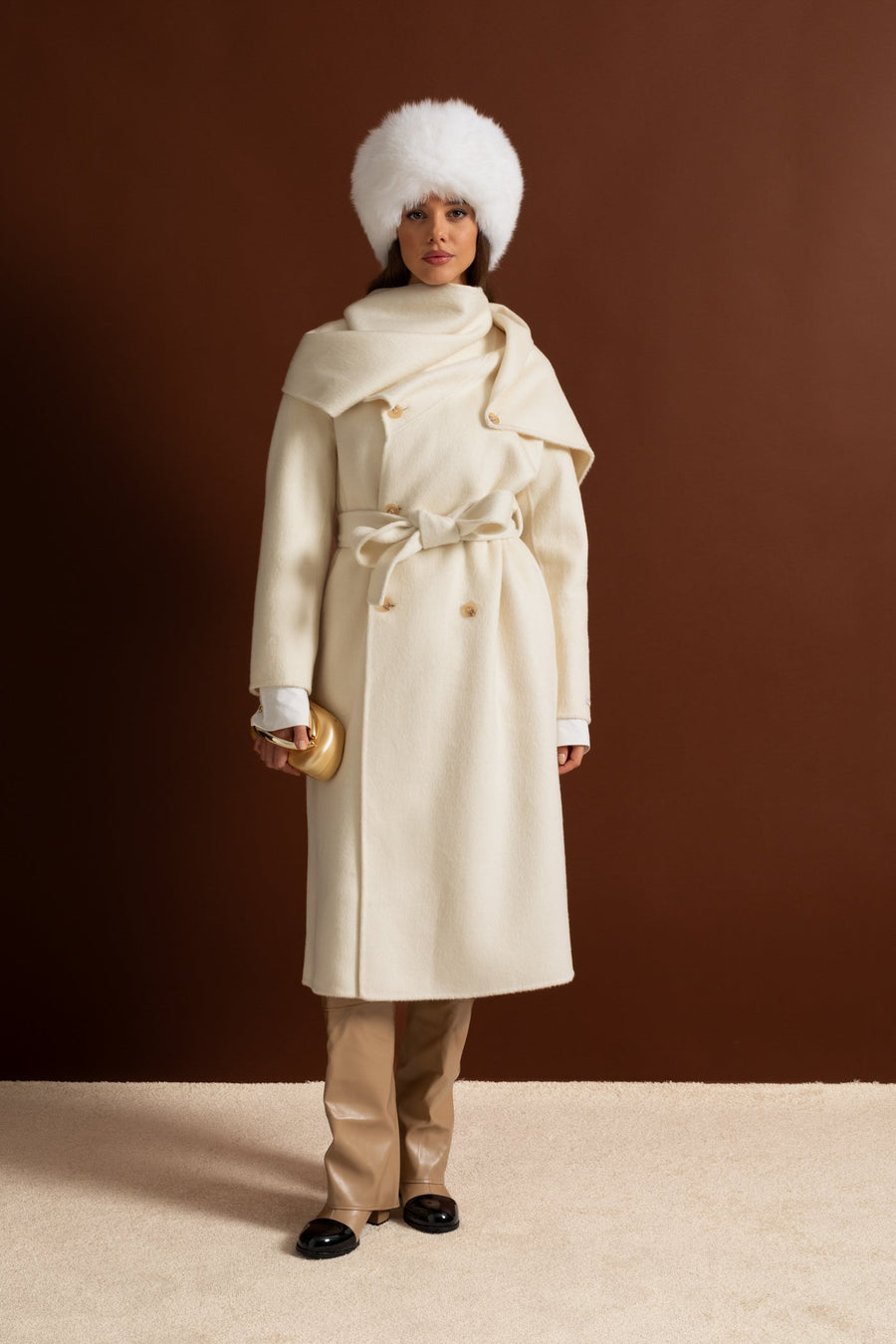 Midi Coat with Oversized Scarf Collar - Beige