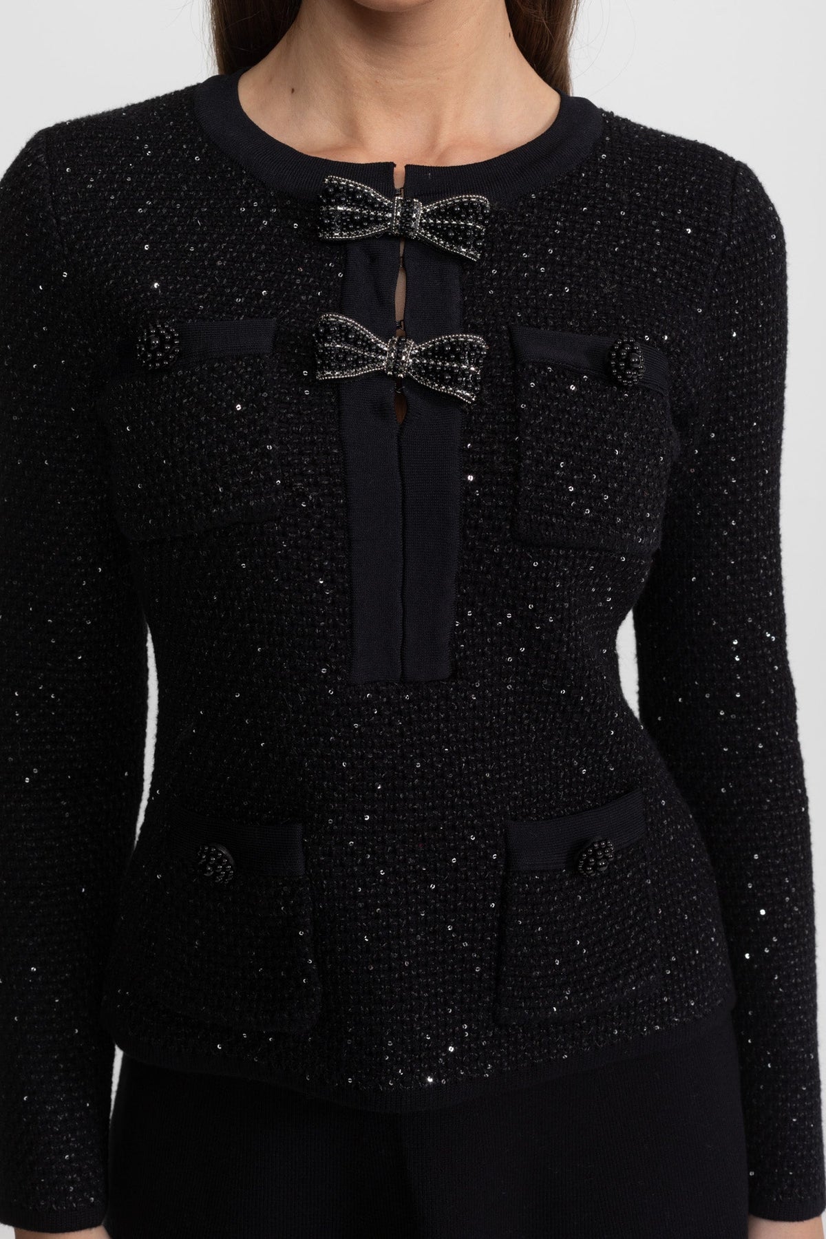 Embellished Tweed Co-Ord Set with Bow Closures And Midi Skirt – Black
