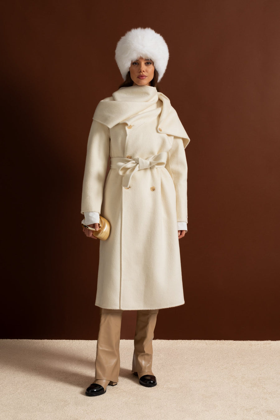 Midi Coat with Oversized Scarf Collar - Beige