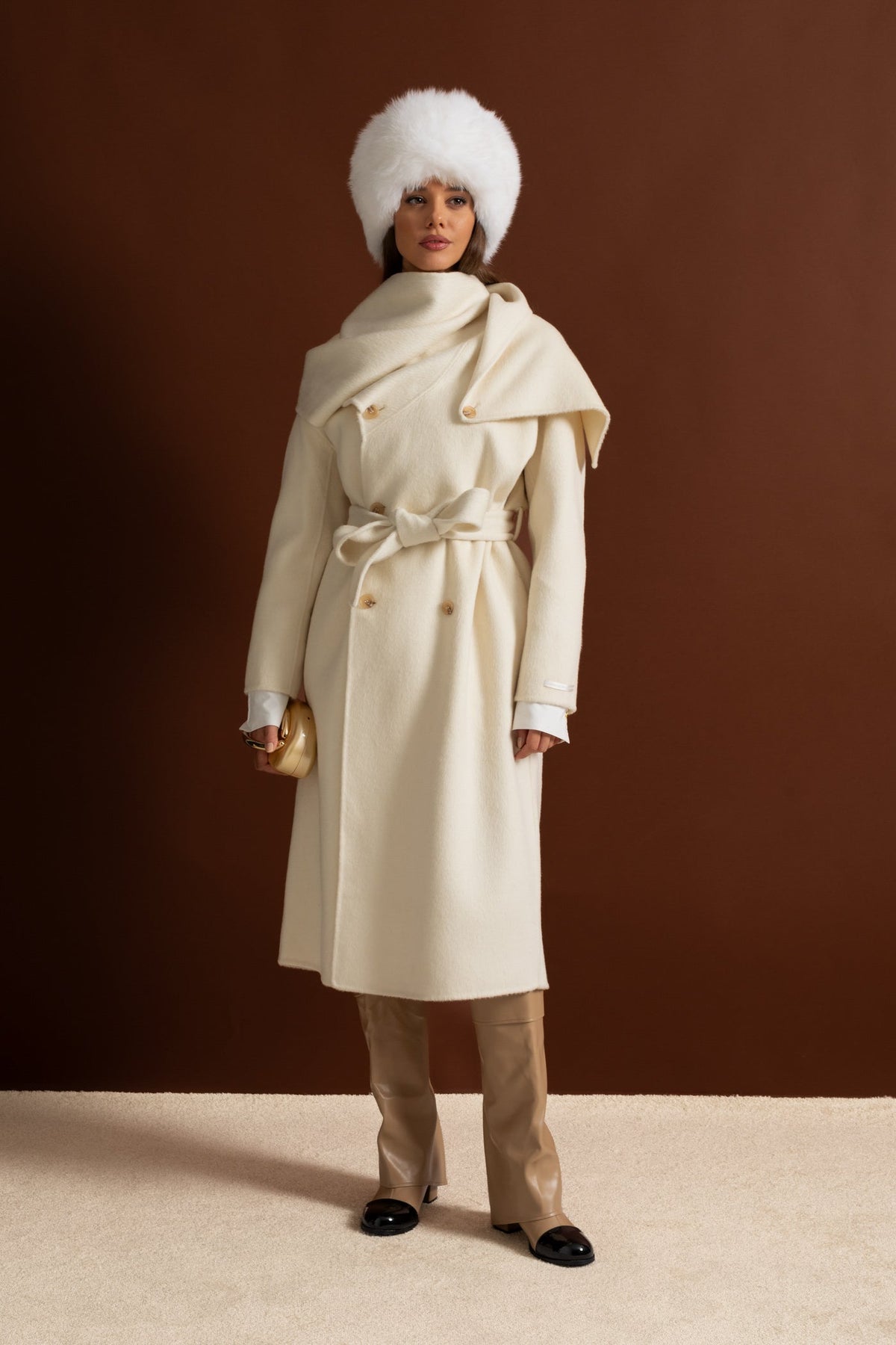 Midi Coat with Oversized Scarf Collar - Beige