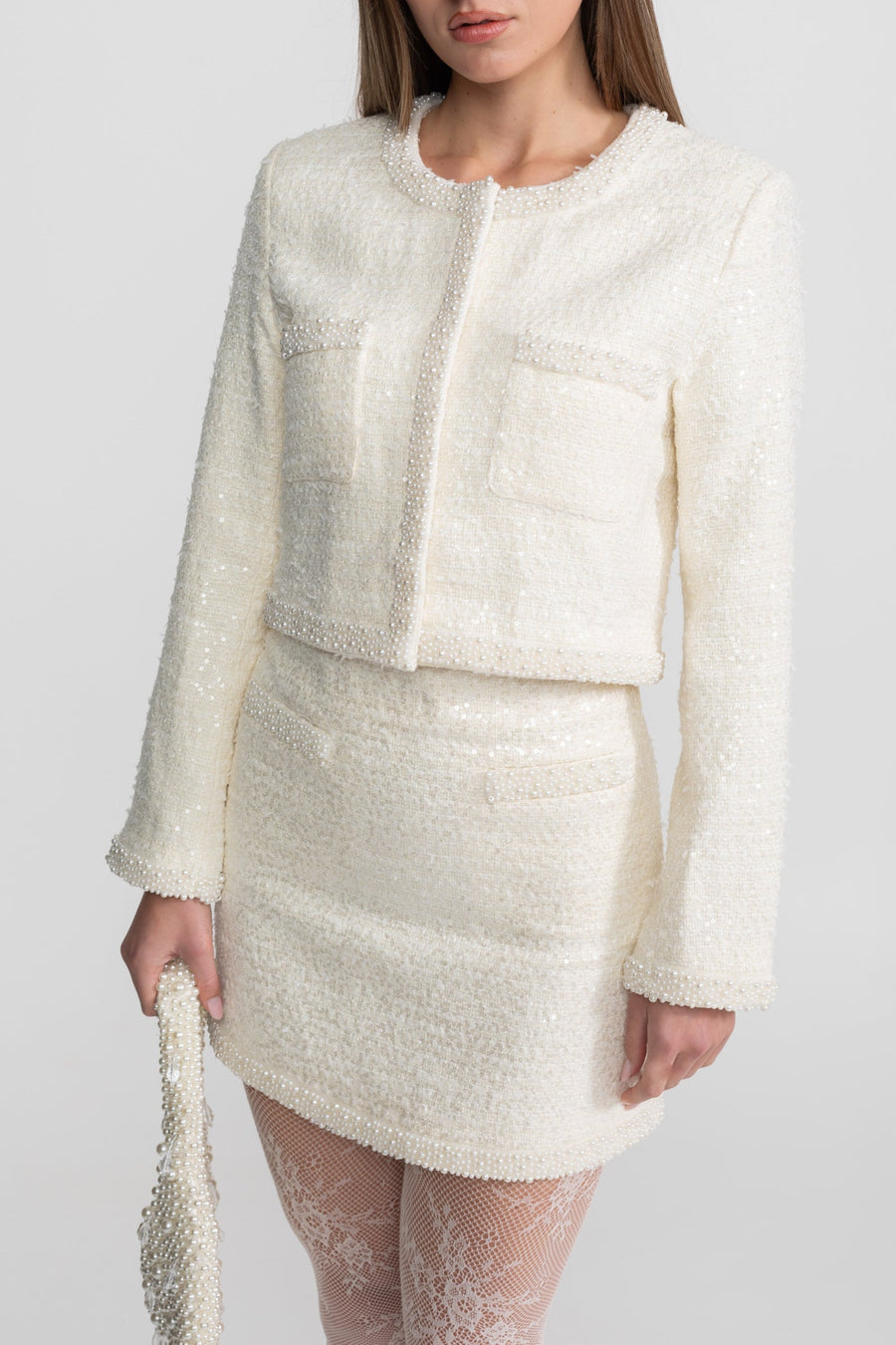 Tweed Mini Skirt With Beaded Trim And Hemline - Ivoire