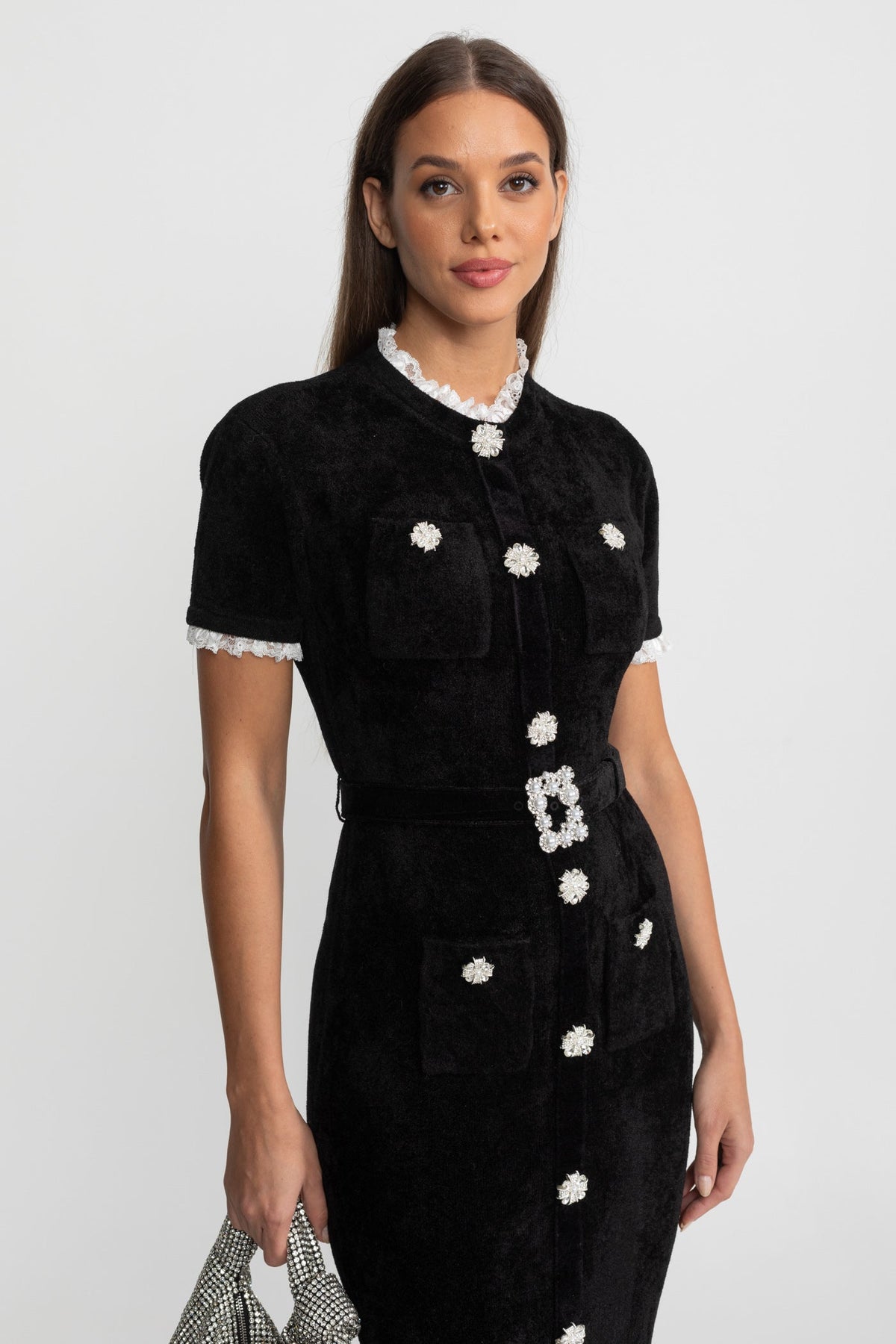 Elegant Midi Dress With Crystal Buttons and Lace Trim – Black