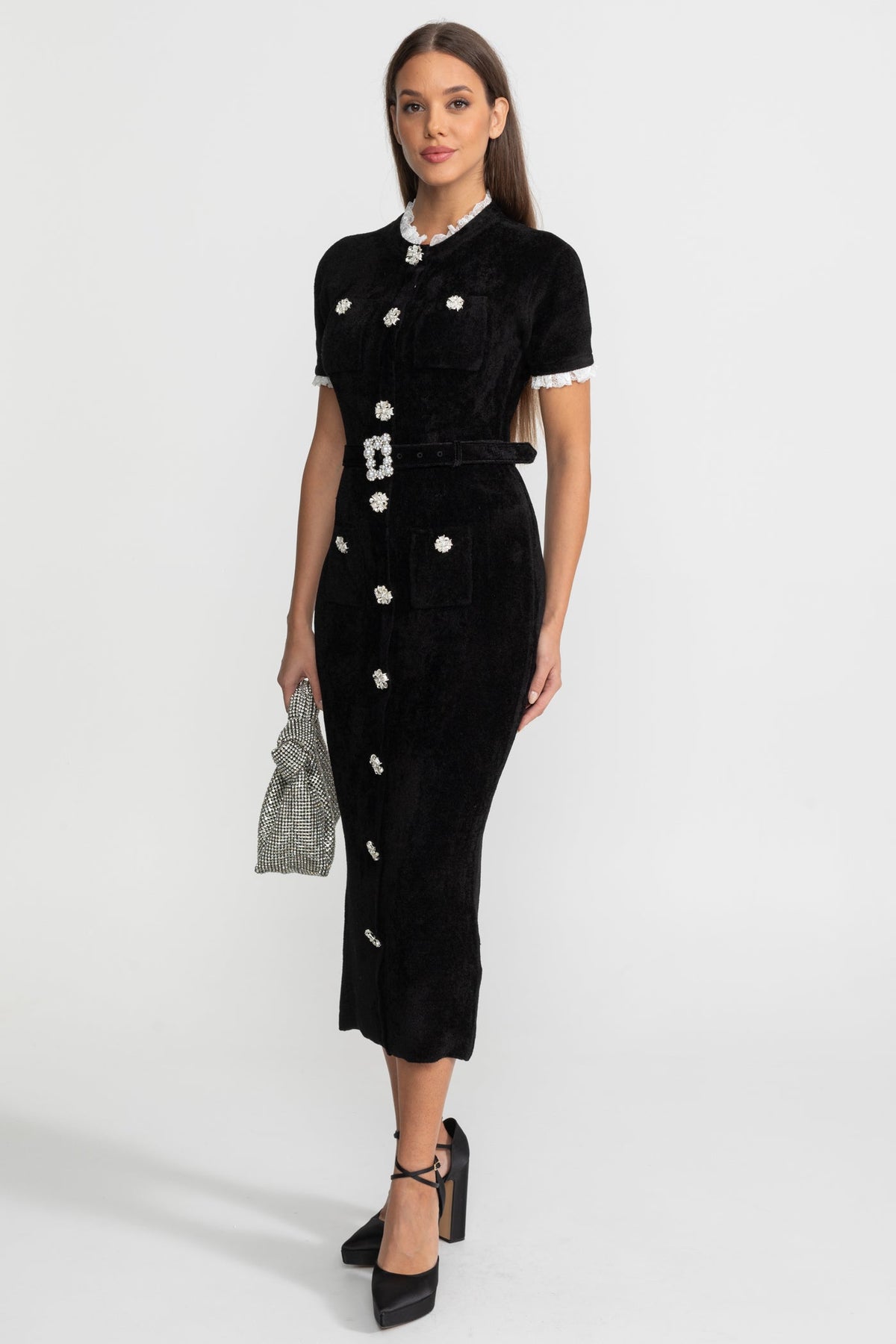 Elegant Midi Dress With Crystal Buttons and Lace Trim – Black