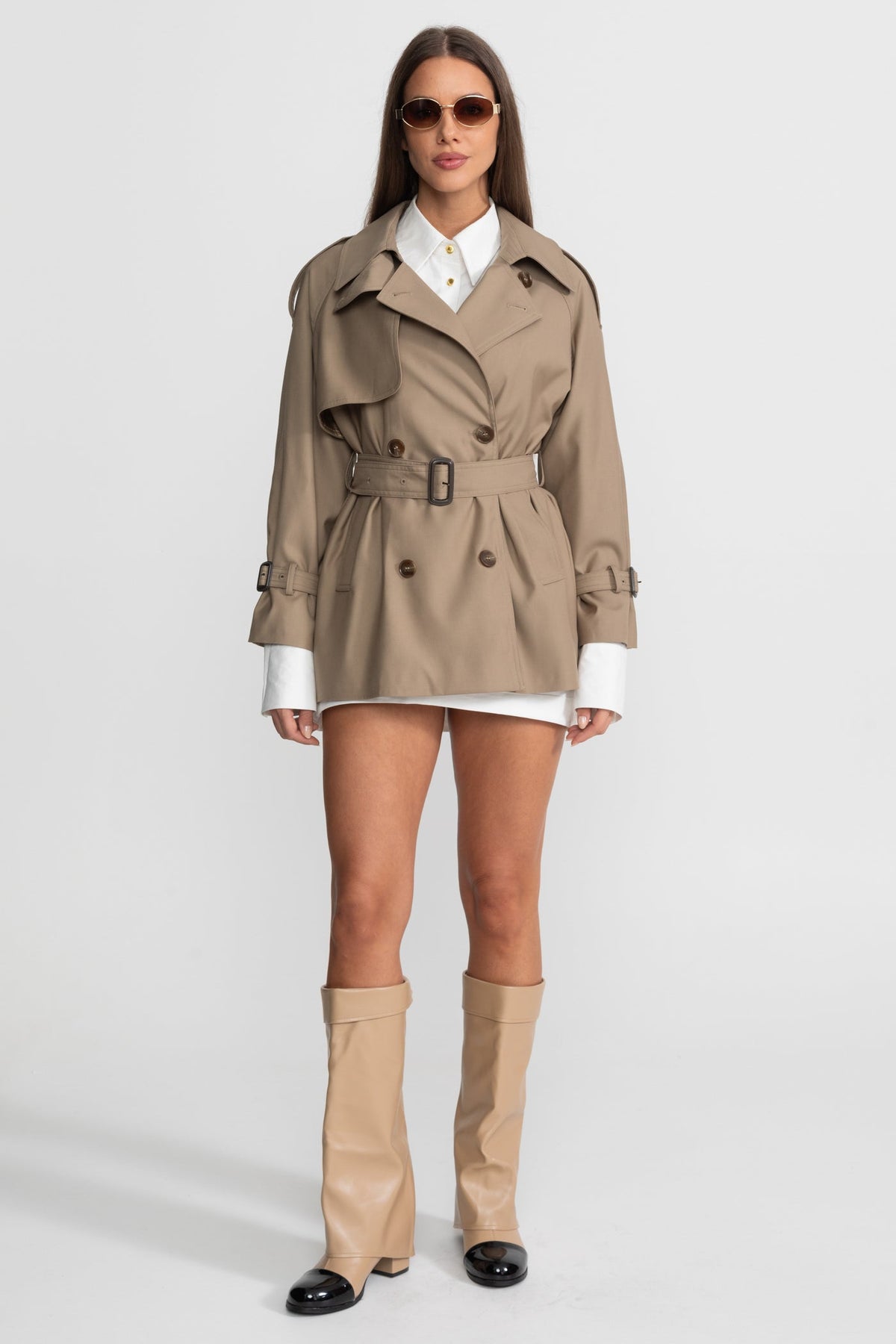 Classic Double-Breasted Trench Coat With Belted Waist – Khaki