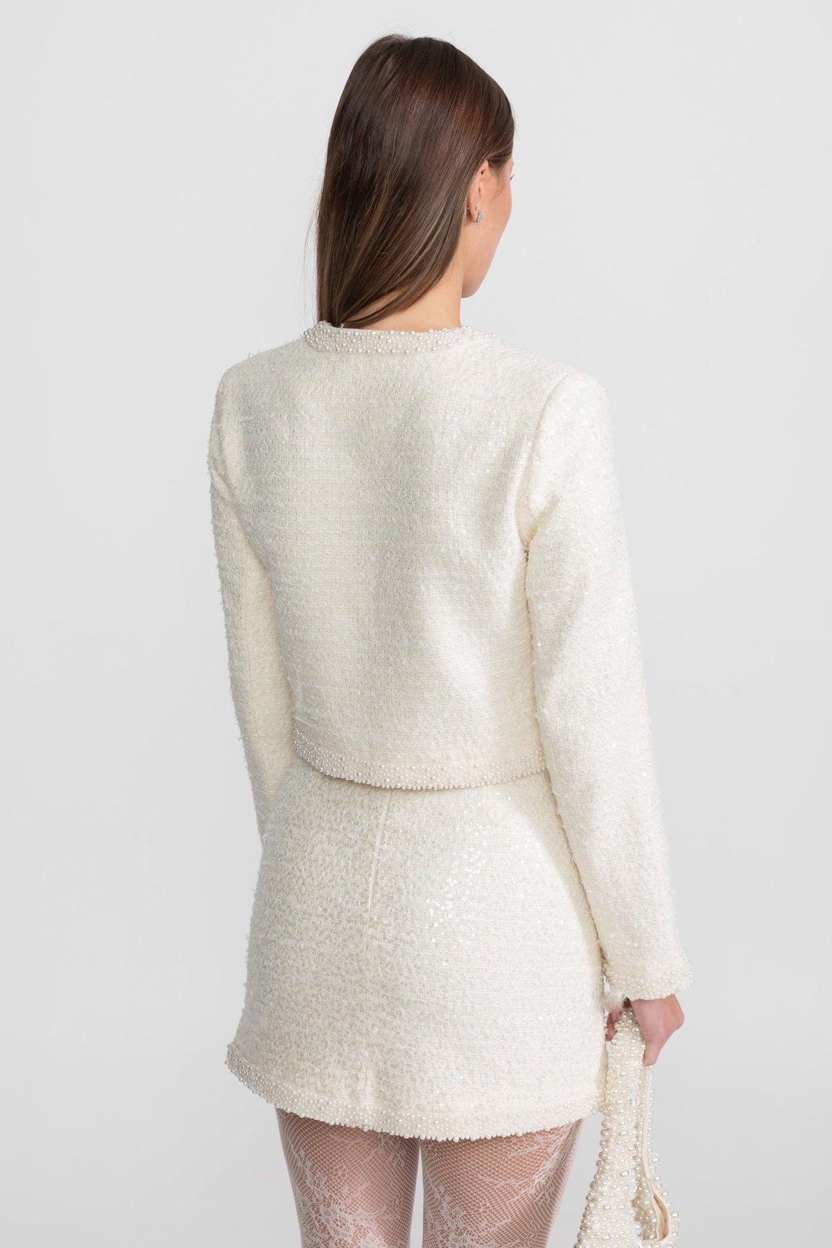 Tweed Mini Skirt With Beaded Trim And Hemline - Ivoire