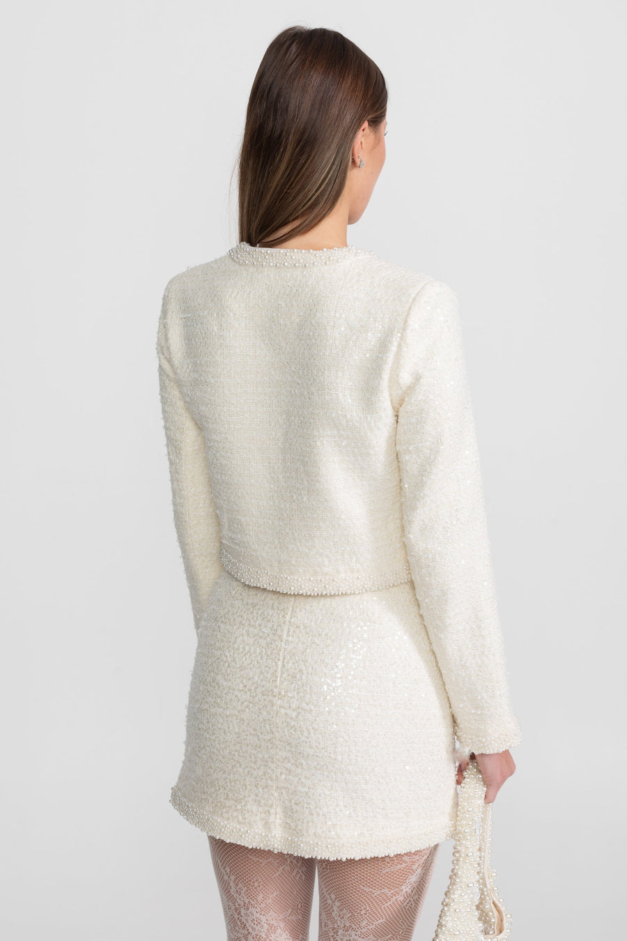 Tweed Mini Skirt With Beaded Trim And Hemline - Ivoire
