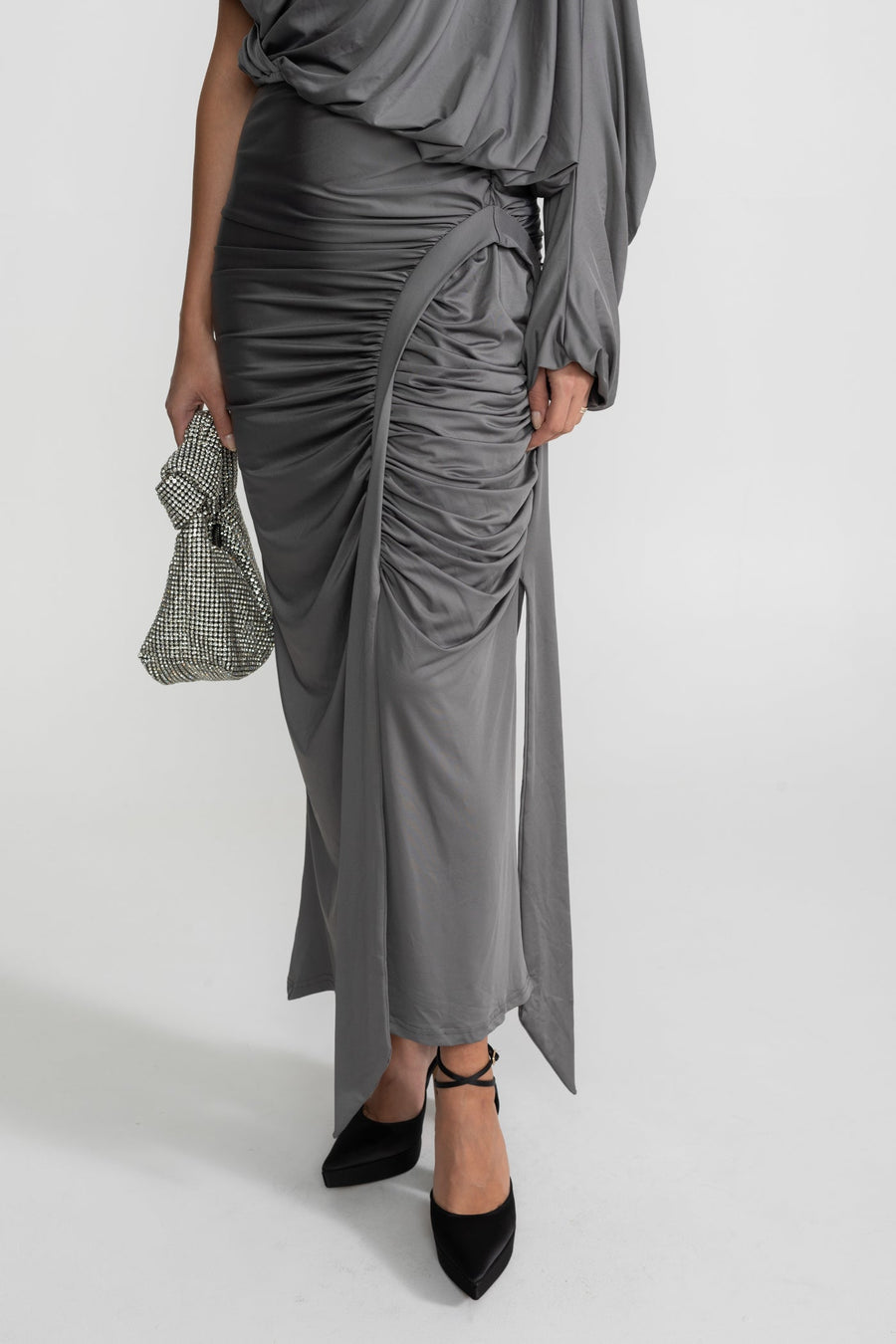 Draped Asymmetric Top and Ruched Maxi Skirt Co-Ord Set – Steel Grey