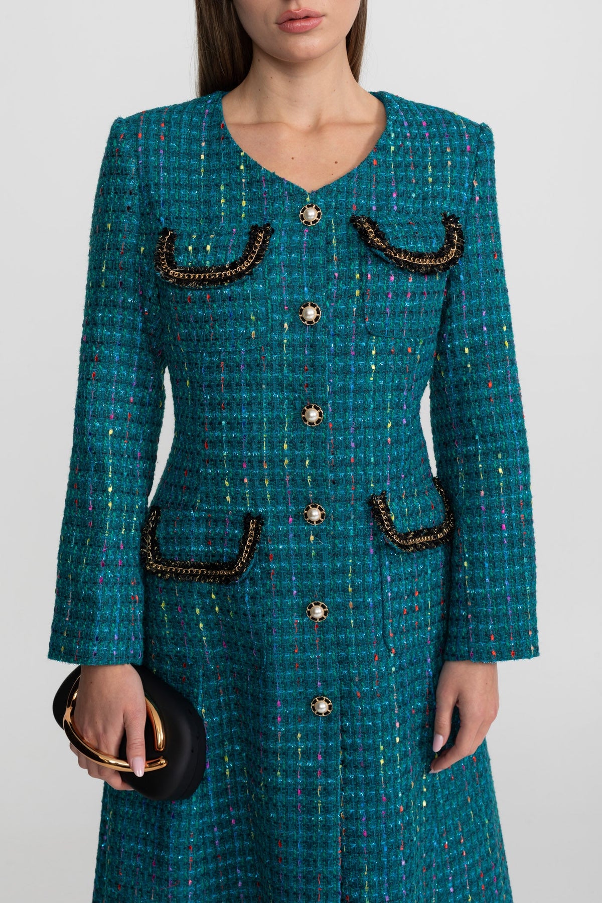 Embellished Tweed Midi Dress With Structured Shoulders – Teal