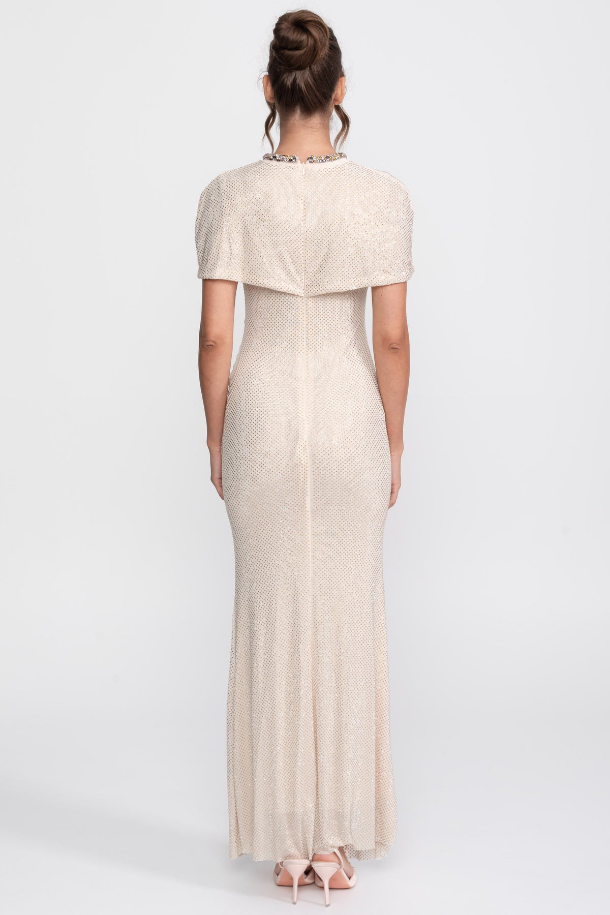 Crystal Trim Sequin Column Gown With Cross-Wrap Sleeve - Champagne