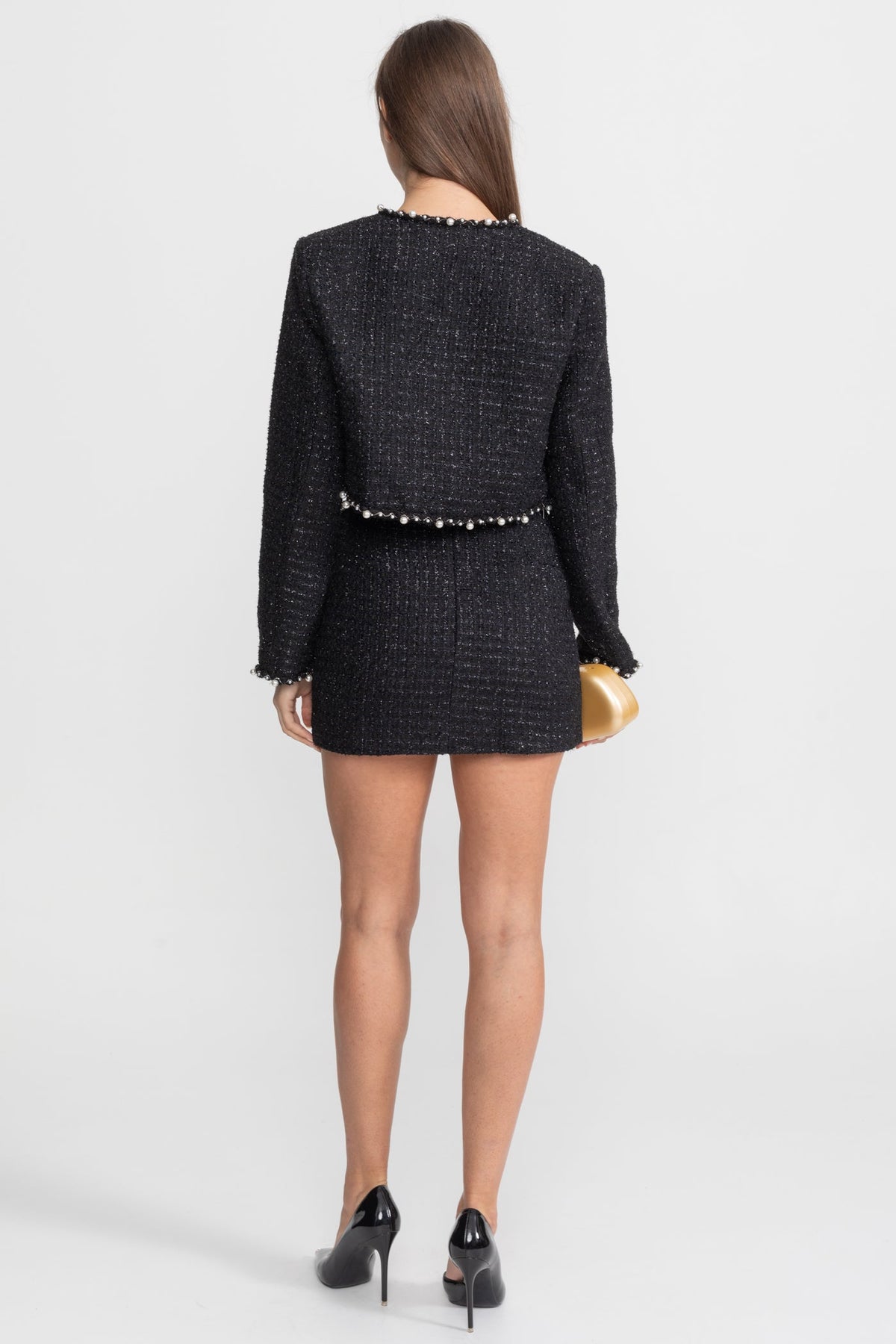 Pearl-Trim Cropped Tweed Blazer with Open Front – Black
