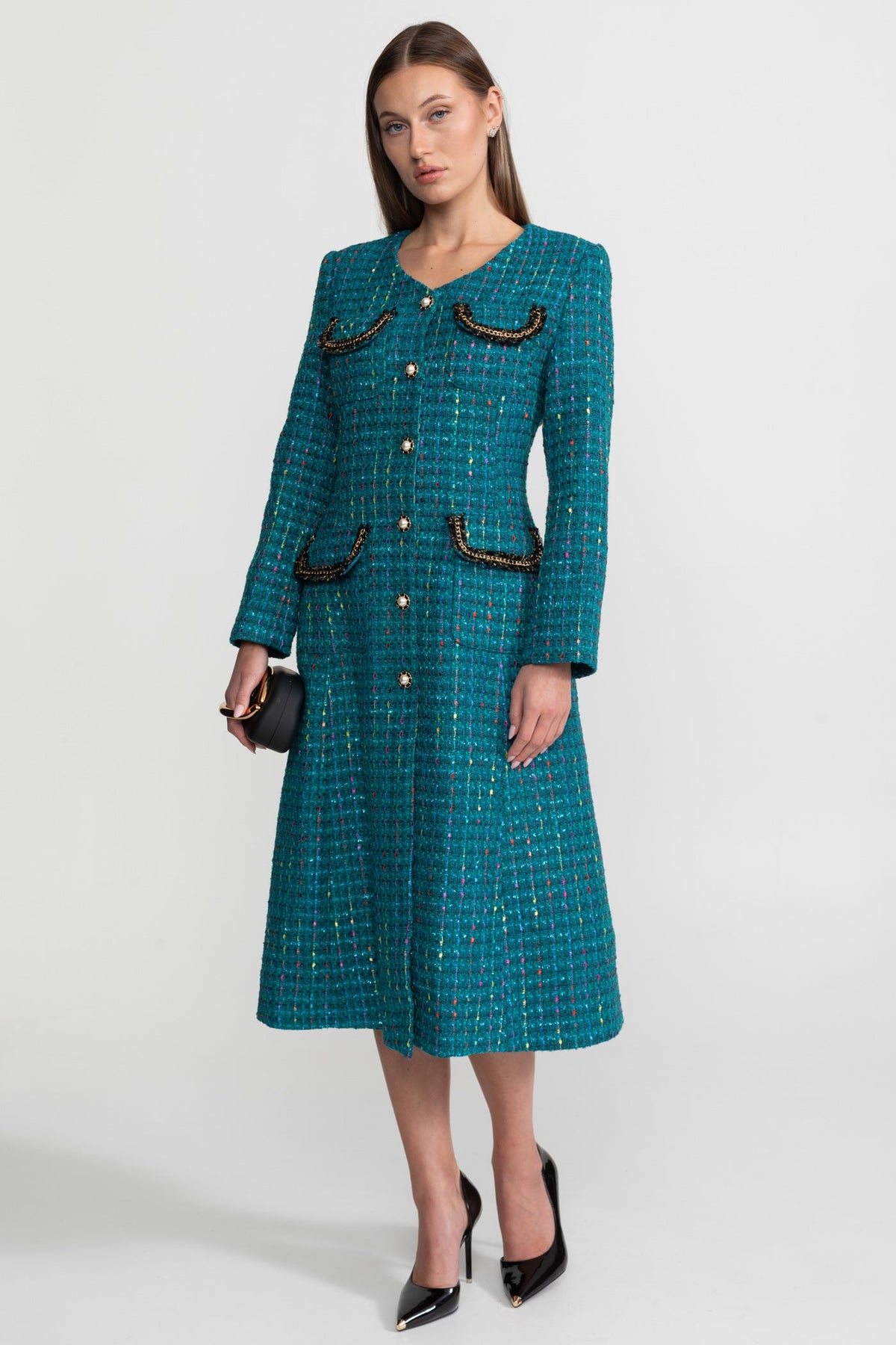 Embellished Tweed Midi Dress With Structured Shoulders – Teal