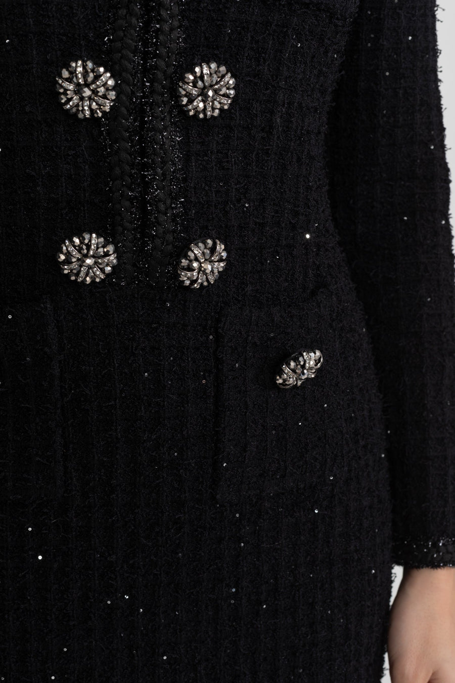 Textured Tweed Midi Dress with Crystal Button Detail – Black