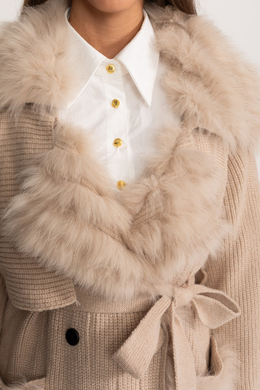 Double-Breasted Wool Knit Overcoat With Fur Trim – Beige