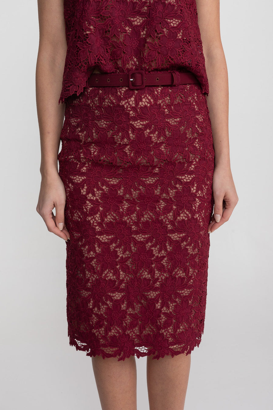 Lace Co-Ord Set With Short Sleeve Top And Crystal Embellished Neckline - Burgundy