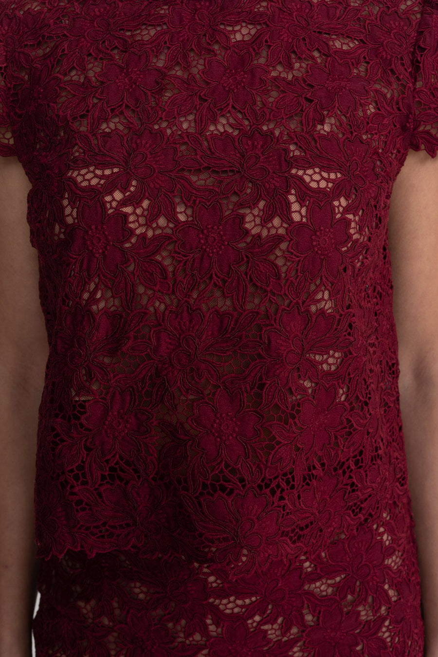 Lace Co-Ord Set With Short Sleeve Top And Crystal Embellished Neckline - Burgundy