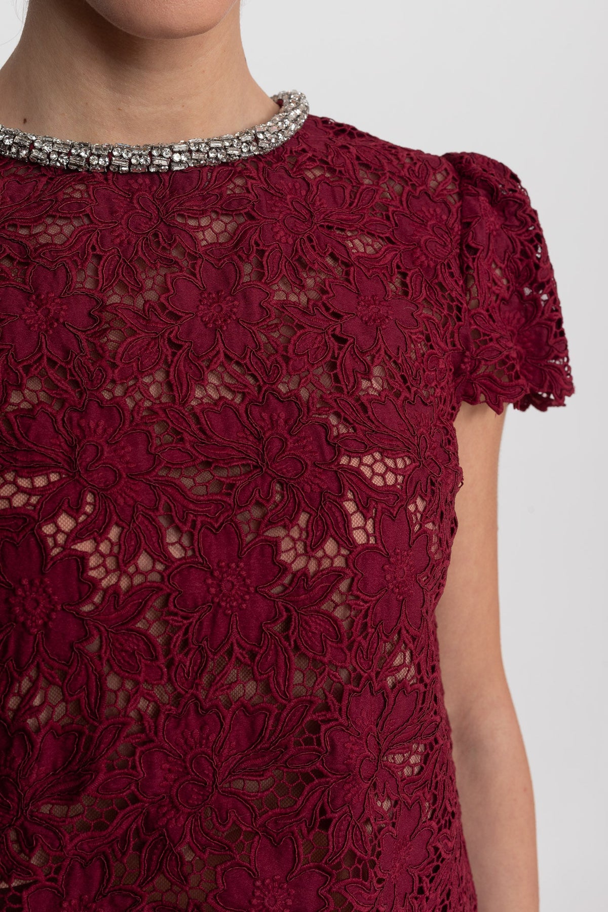 Lace Co-Ord Set With Short Sleeve Top And Crystal Embellished Neckline - Burgundy