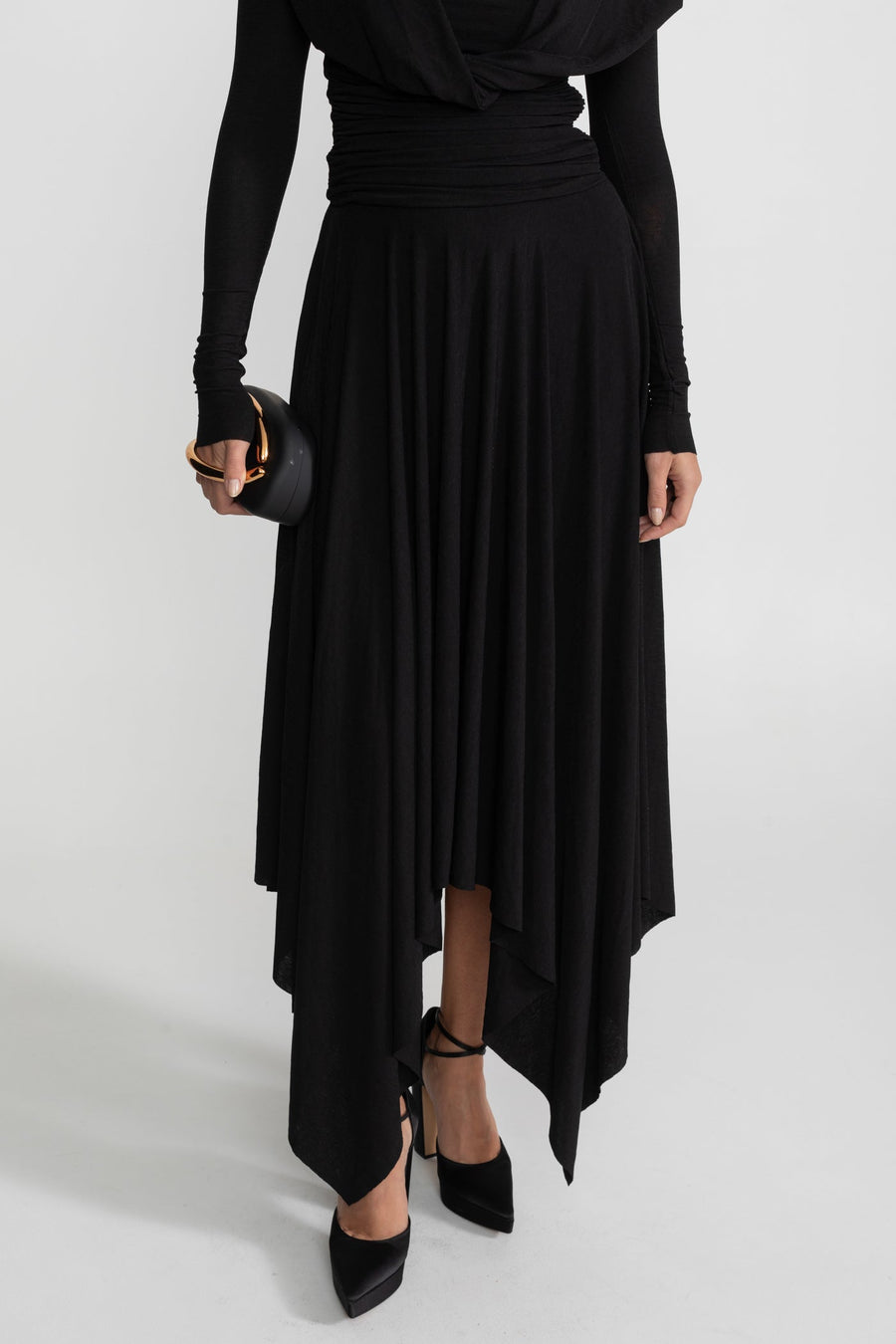 Draped Long-Sleeve Asymmetric Midi Dress – Black