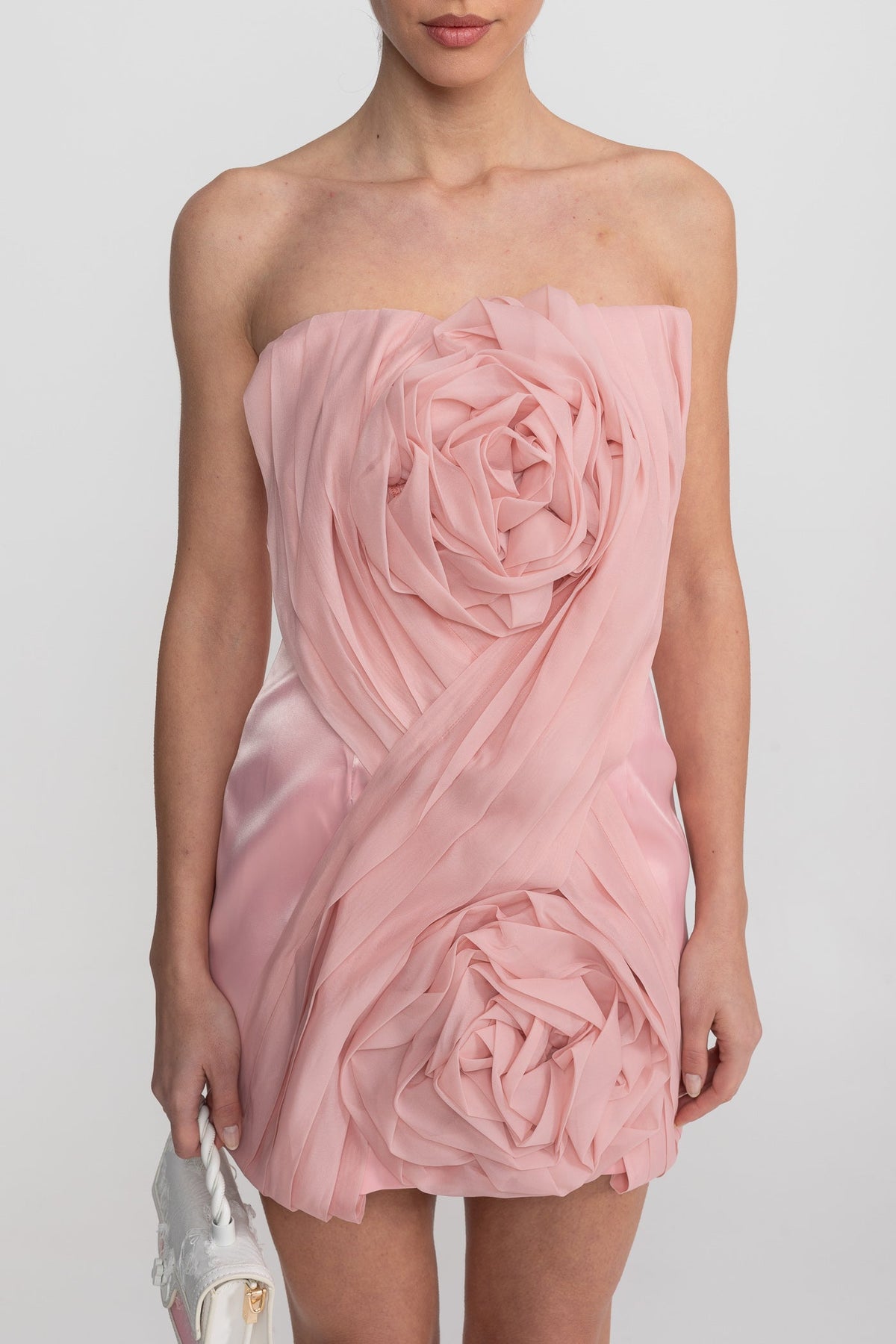 Strapless Mini Dress With Draped Bodice And 3D Rose Appliqués - Blush Pink