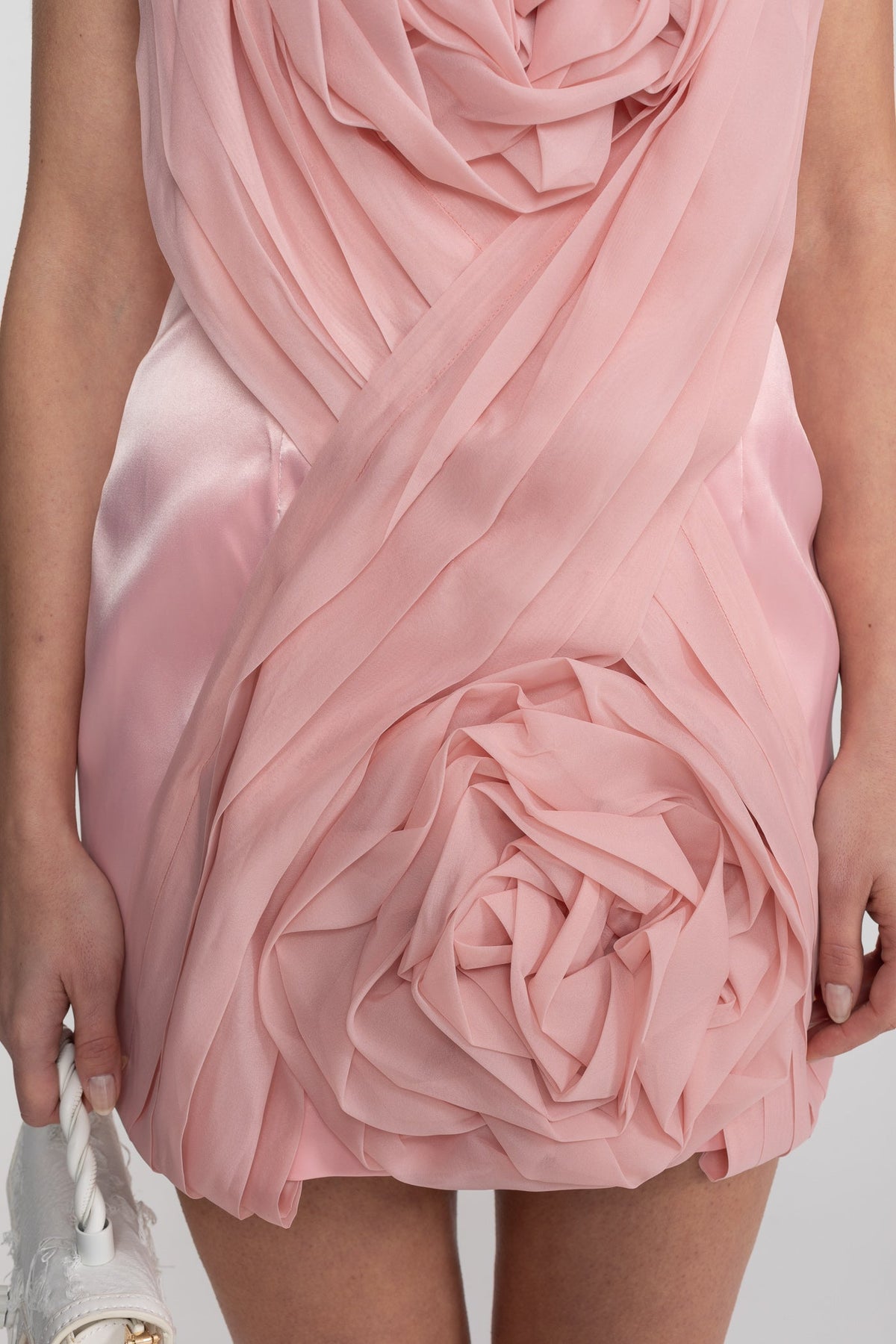 Strapless Mini Dress With Draped Bodice And 3D Rose Appliqués - Blush Pink