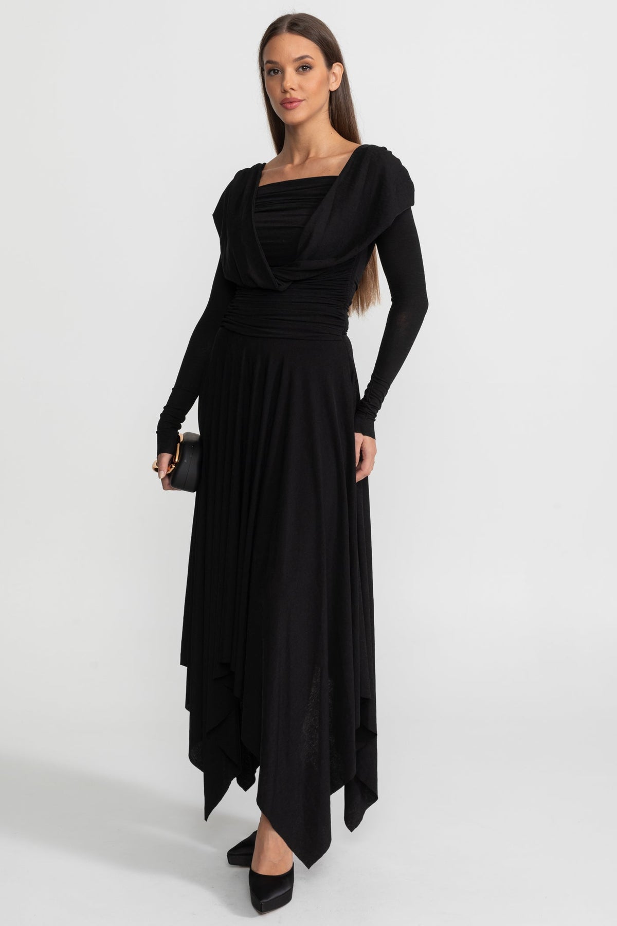 Draped Long-Sleeve Asymmetric Midi Dress – Black