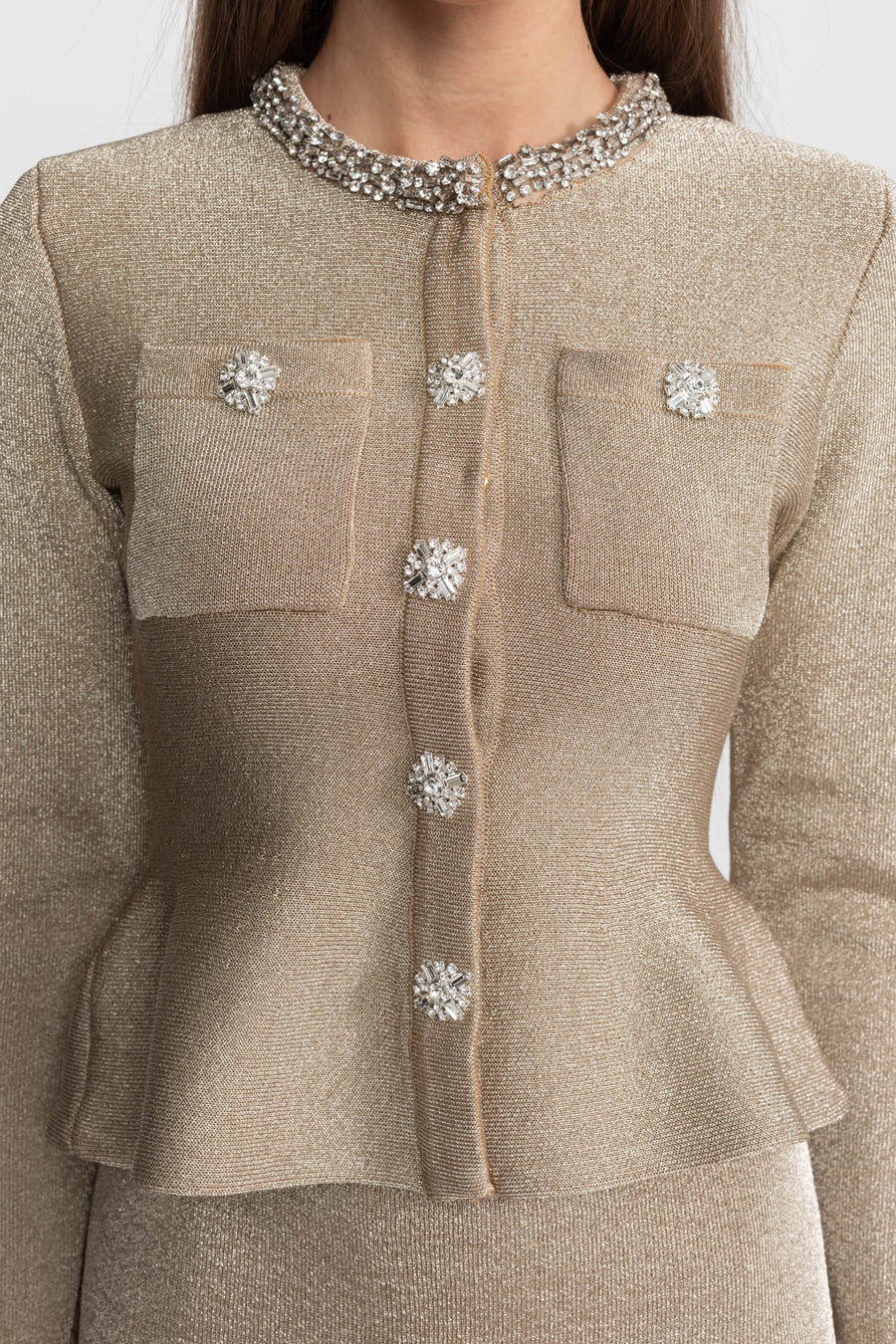 Shimmer Knit Dress with Crystal Button Accents – Champagne