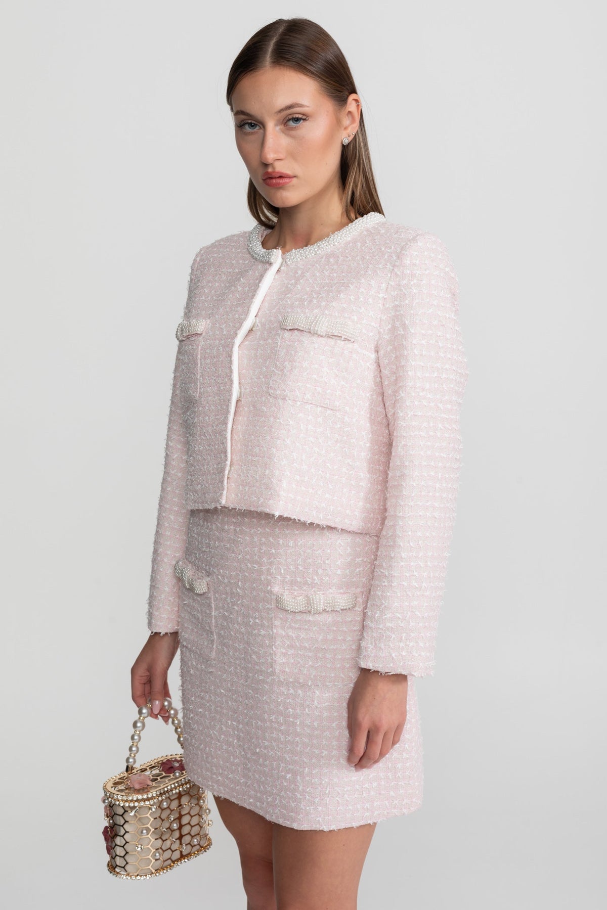 Embellished Tweed Jacket With Delicate Pearl Trim - Light Pink