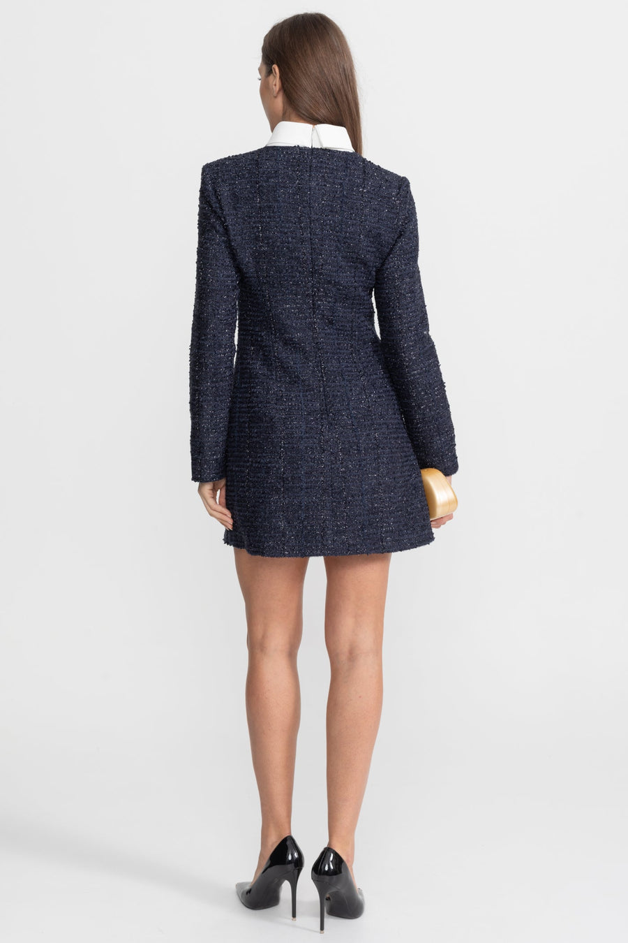 Textured Tweed Mini Dress with Crystal Button Embellishments – Navy