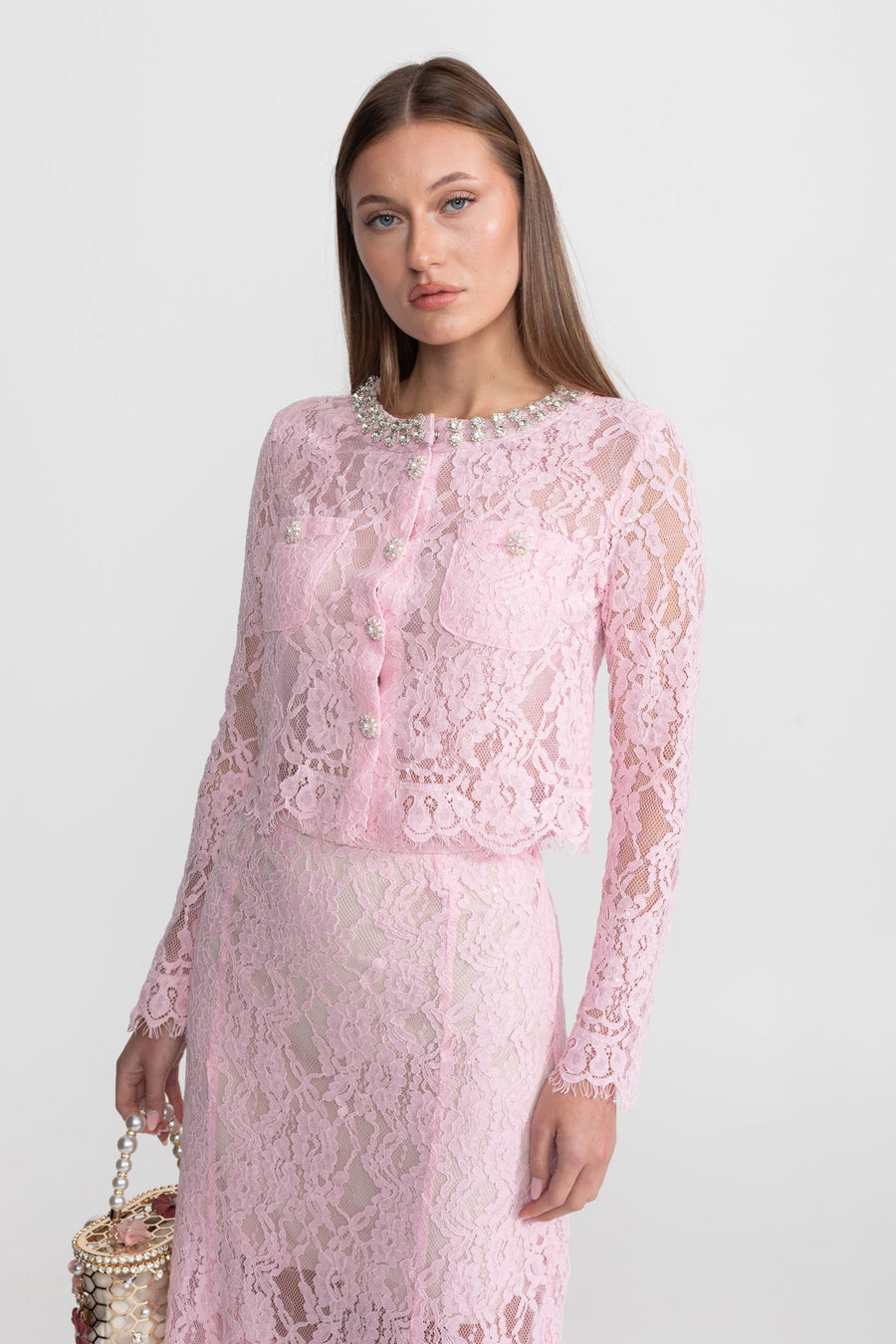 Lace Co-ord Set with Embellished Collar and Buttons - Pink