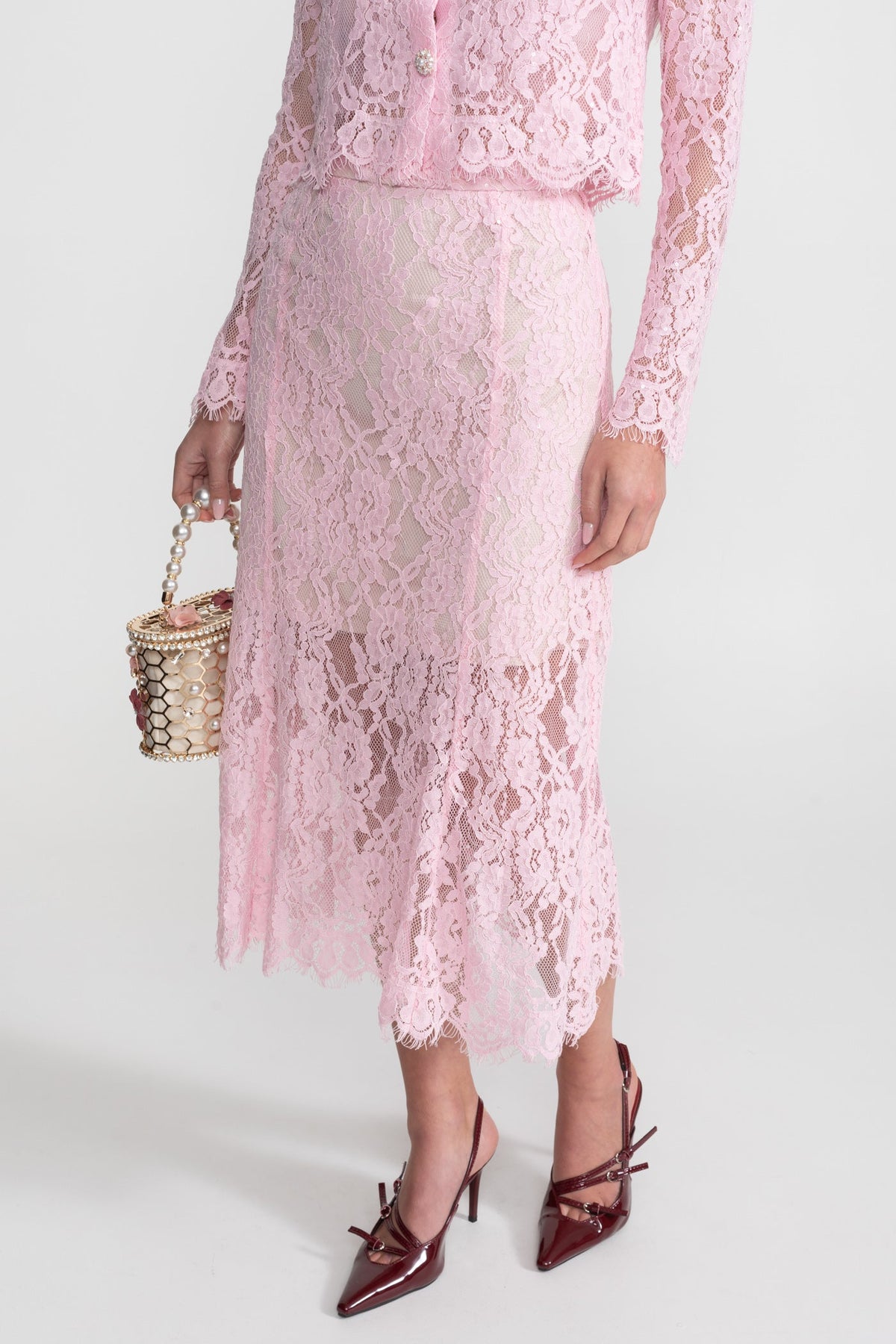 Lace Co-ord Set with Embellished Collar and Buttons - Pink