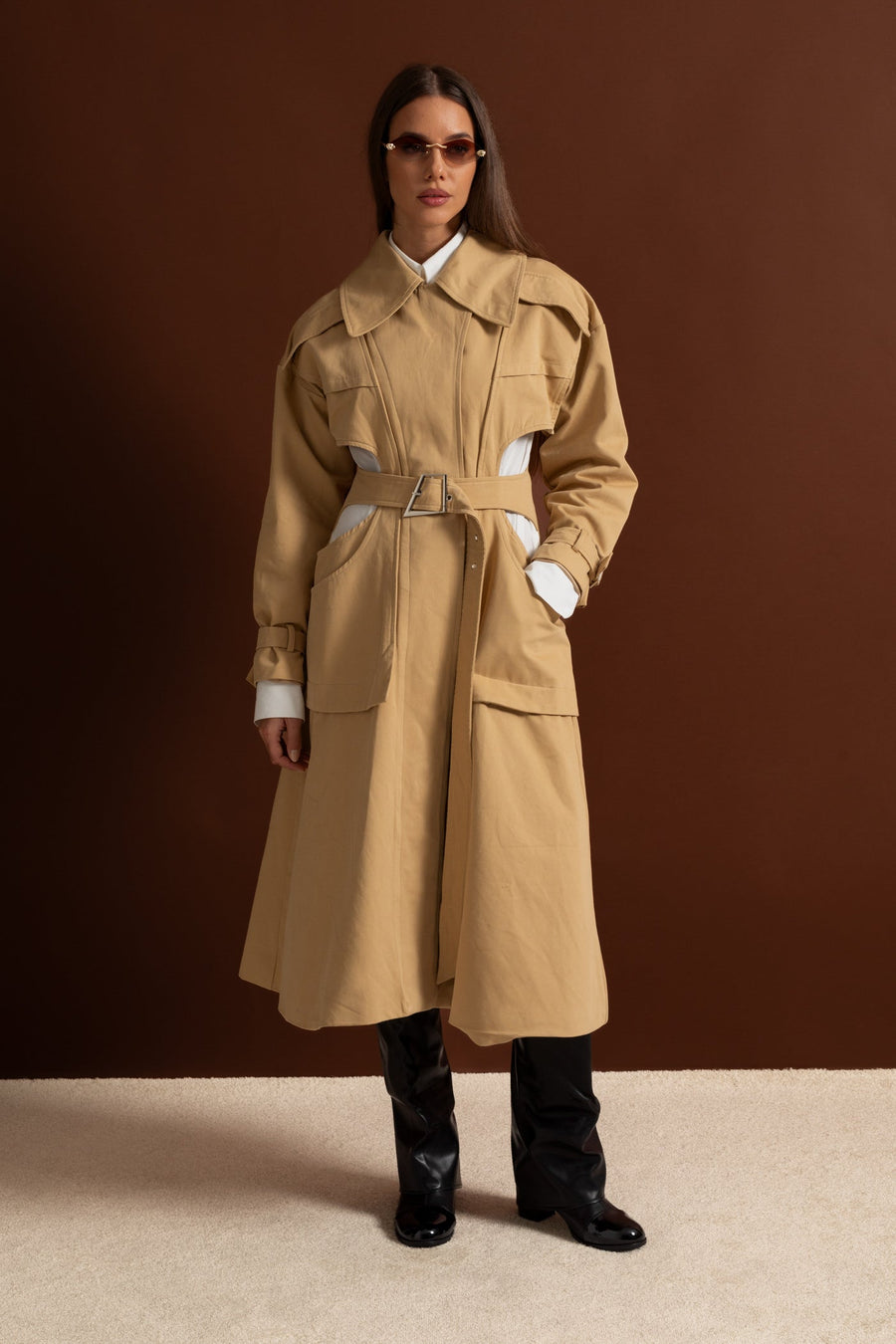 Cutout Trench Coat with Belted Waist and Utility Pockets - Beige