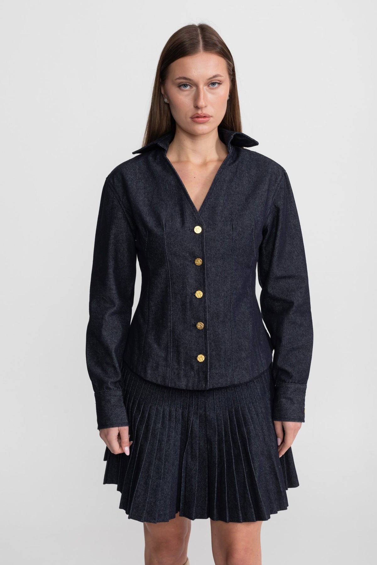 Denim Co-ord Set with Pleated Skirt and Gold Buttons - Dark Blue