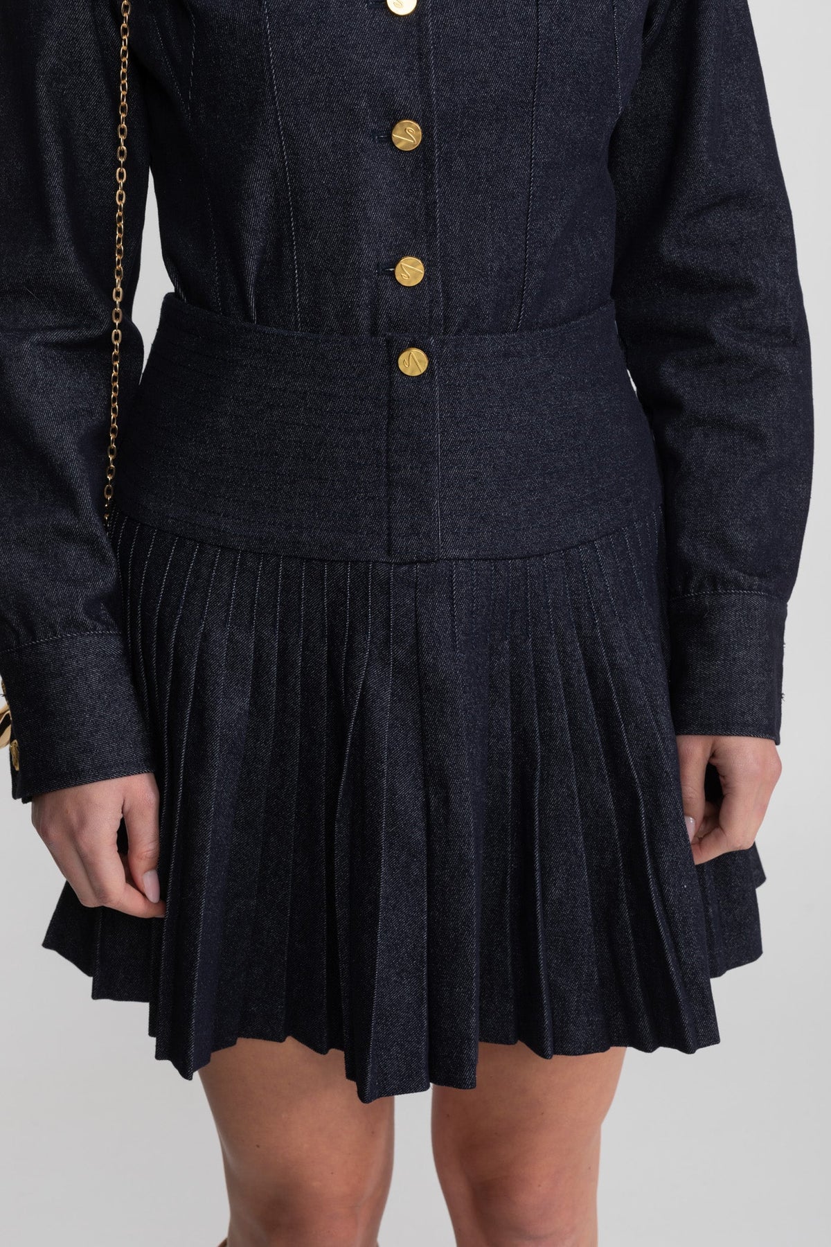 Denim Co-ord Set with Pleated Skirt and Gold Buttons - Dark Blue