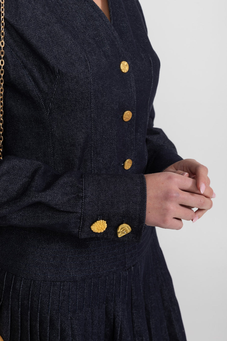 Denim Co-ord Set with Pleated Skirt and Gold Buttons - Dark Blue