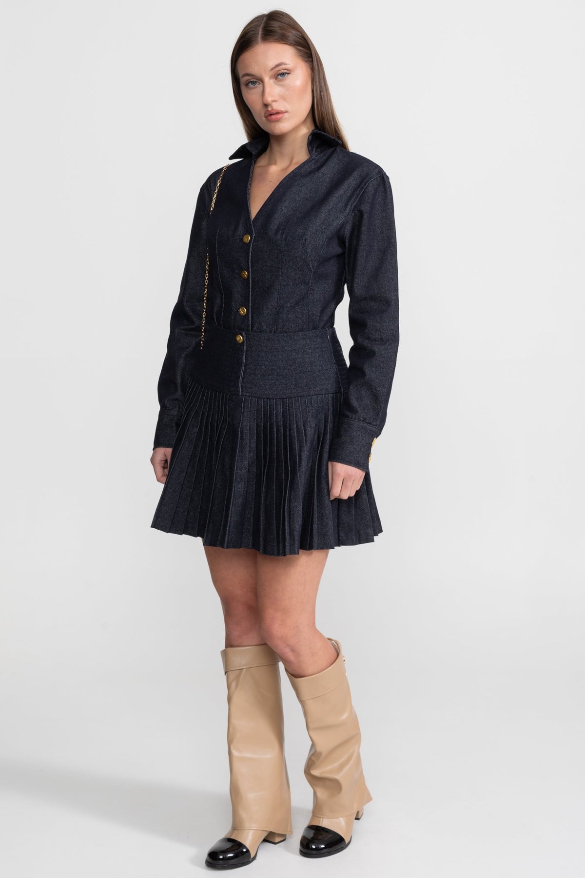 Denim Co-ord Set with Pleated Skirt and Gold Buttons - Dark Blue