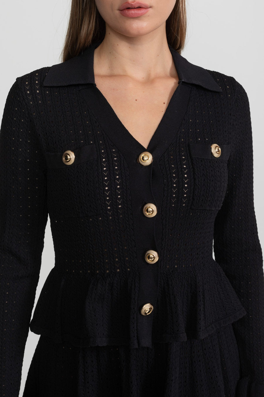 Knit Mini Dress with Peplum Waist and Gold Button Detail - Black