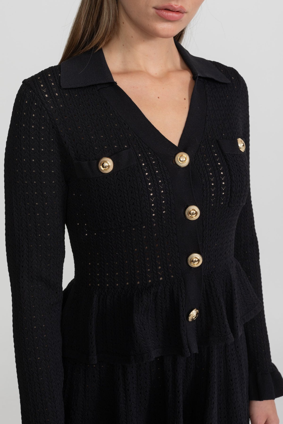 Knit Mini Dress with Peplum Waist and Gold Button Detail - Black