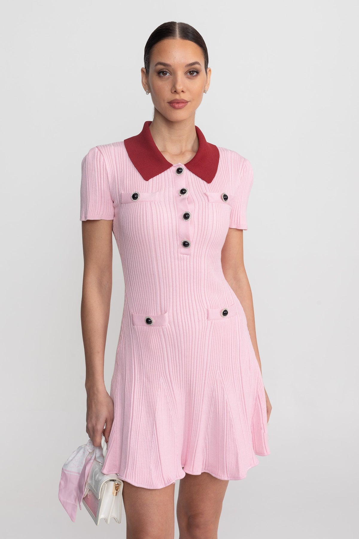 Ribbed Short Sleeve Mini Dress With Contrast Collar And Button Front Detail - Blush Pink