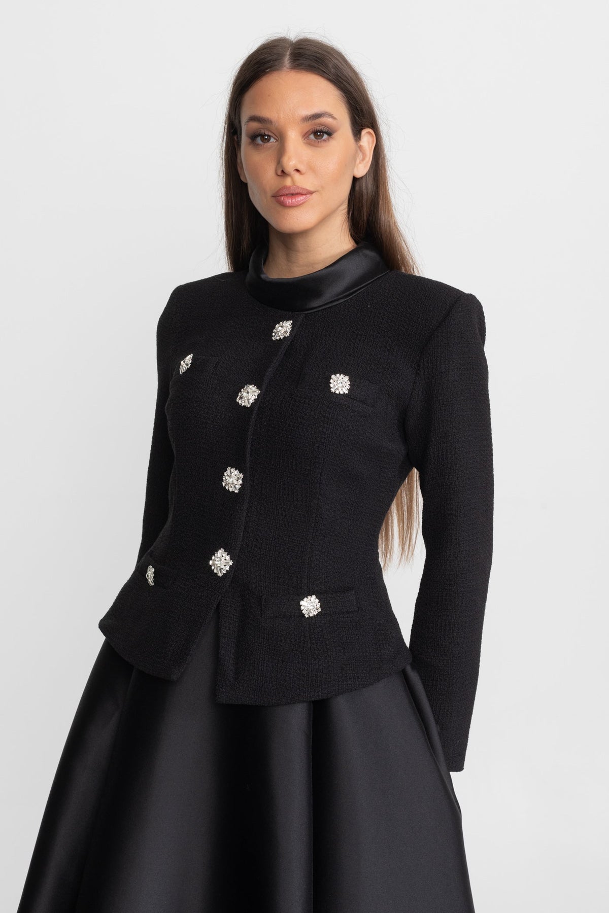 Structured Midi Dress with Embellished Jacket Overlay – Black