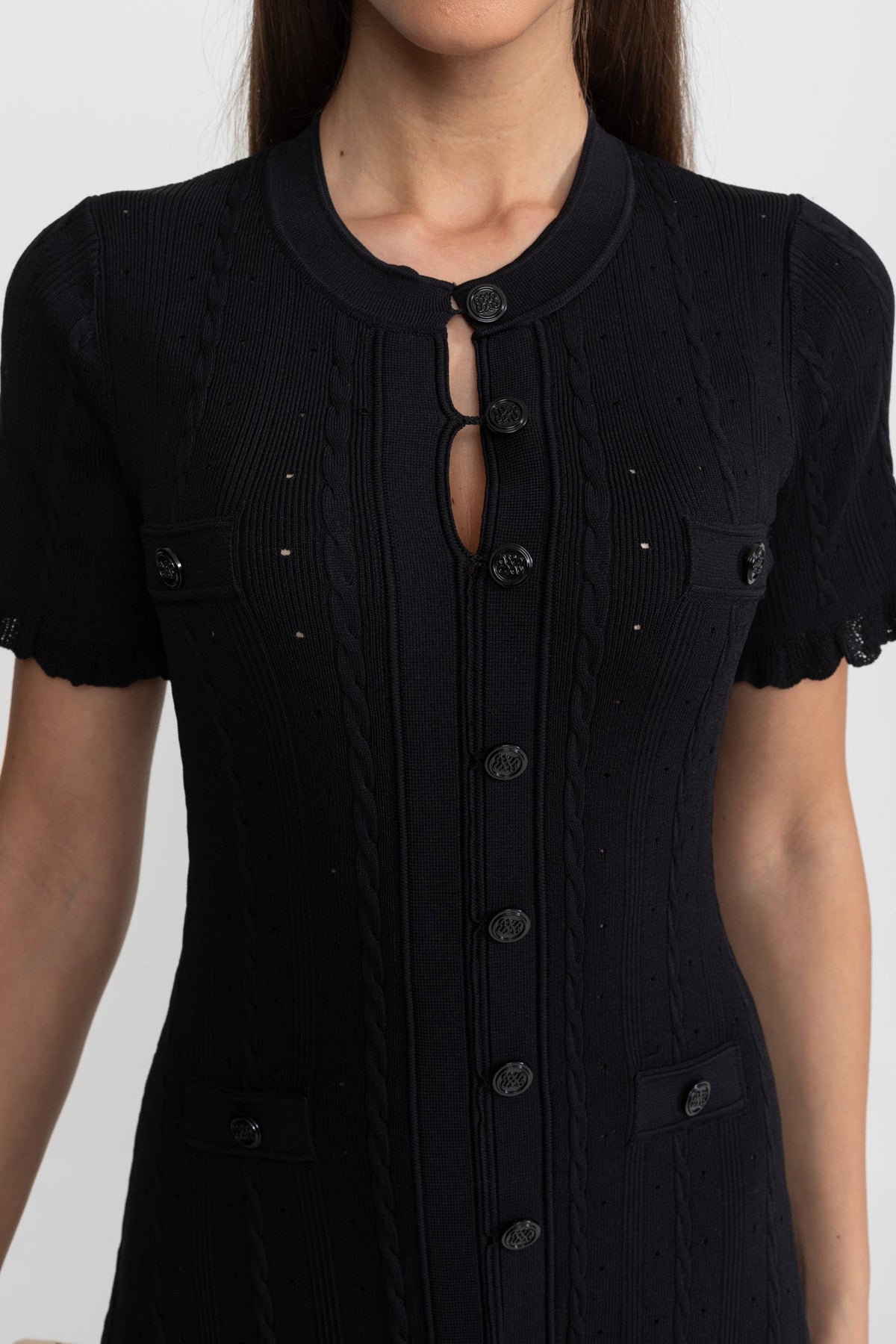 Knit Button-Front Midi Dress with Scalloped Sleeves – Black