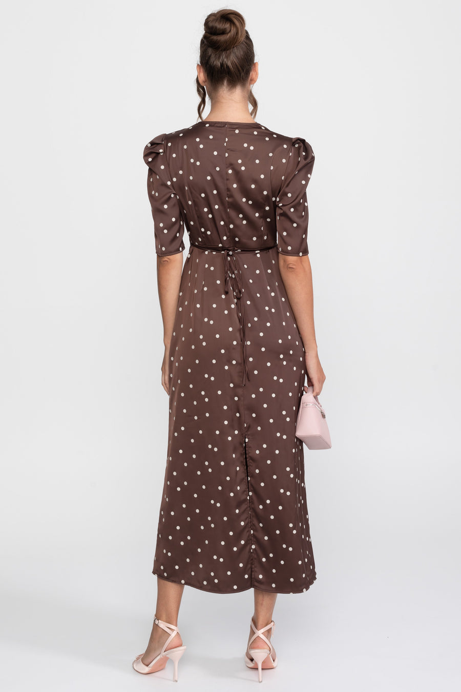 Lace-Trim Polka Dot Midi Dress With Puff Sleeves - Brown