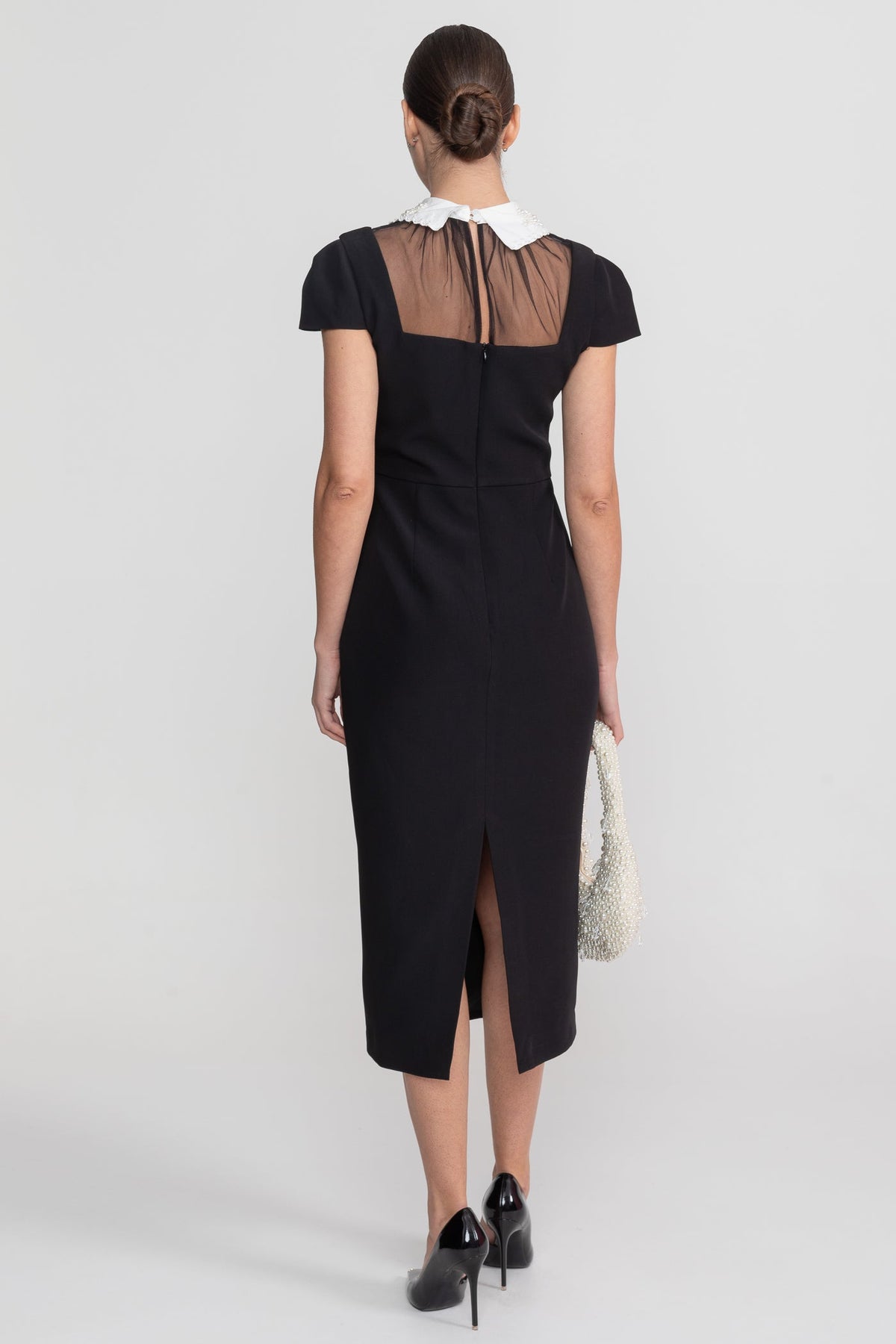 Cap Sleeve Midi Dress With Lace Collar Tie Detail - Black