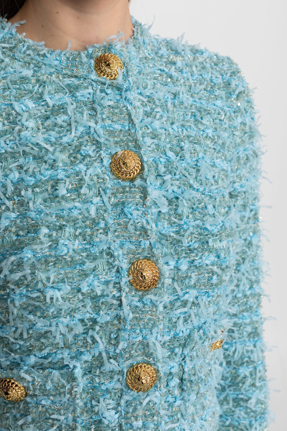 Textured Tweed Jacket With Gold Button Embellishments – Blue