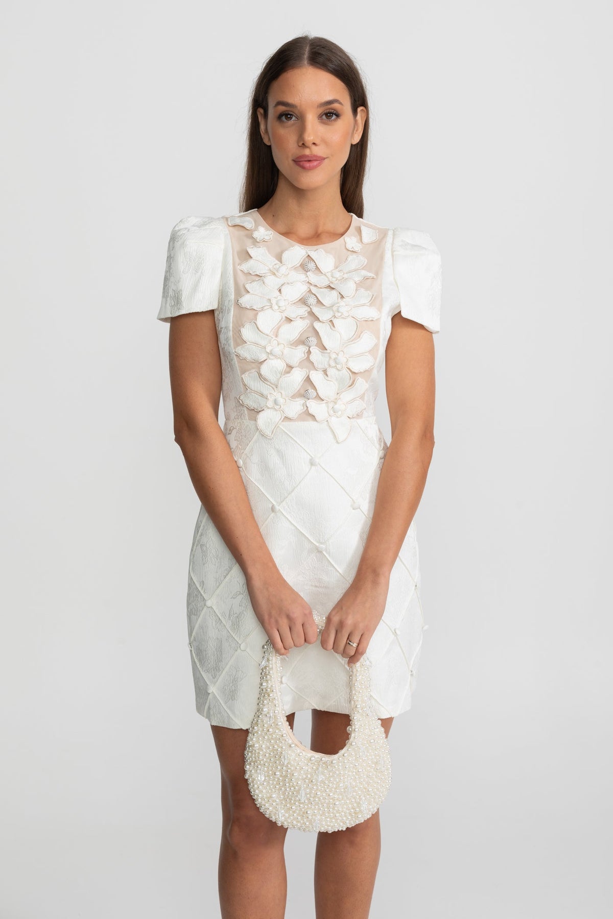 3D Floral Appliqué Mini Dress With Quilted Skirt  – White