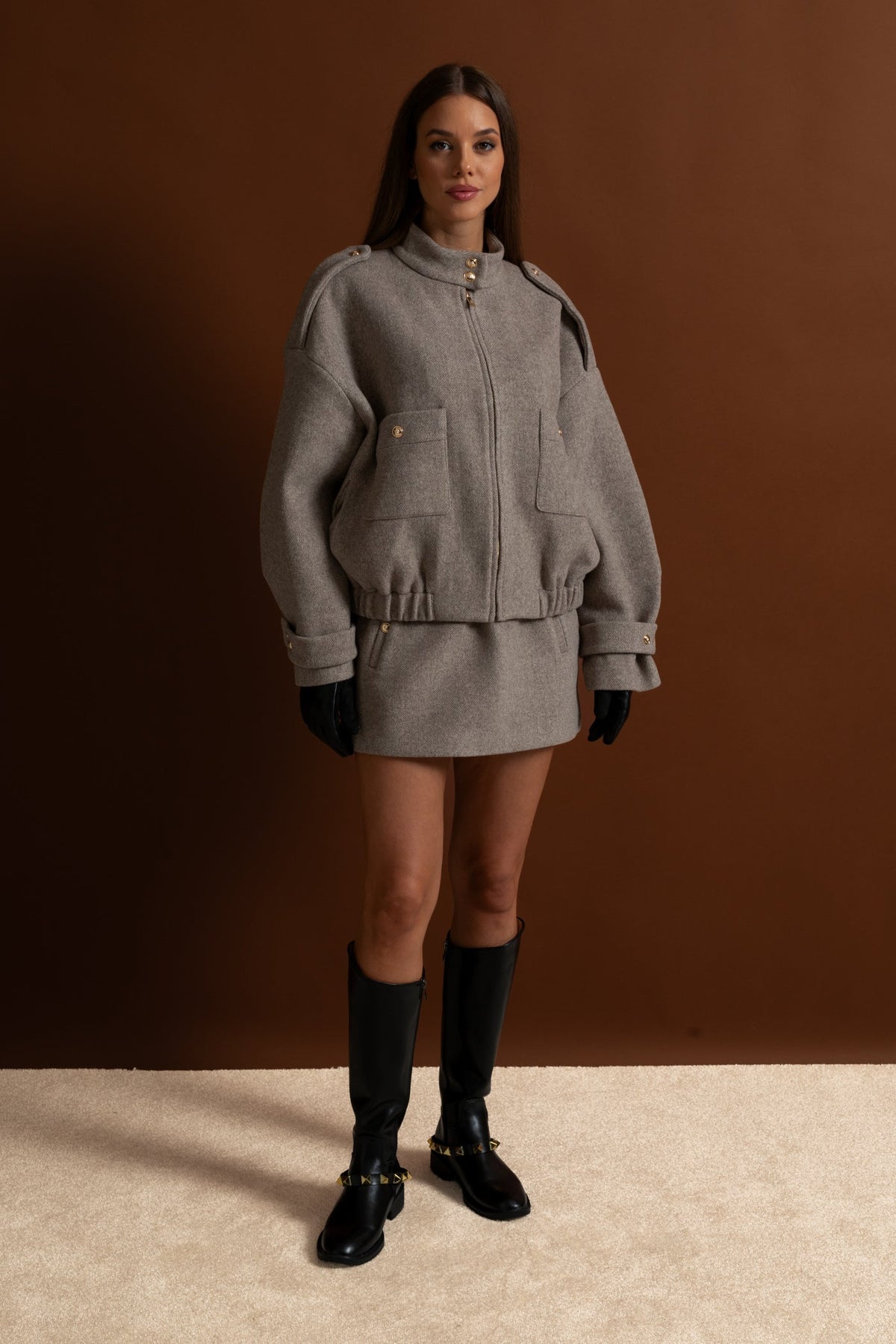 Structured Wool Bomber Jacket and Mini Skirt Co-Ord Set – Taupe