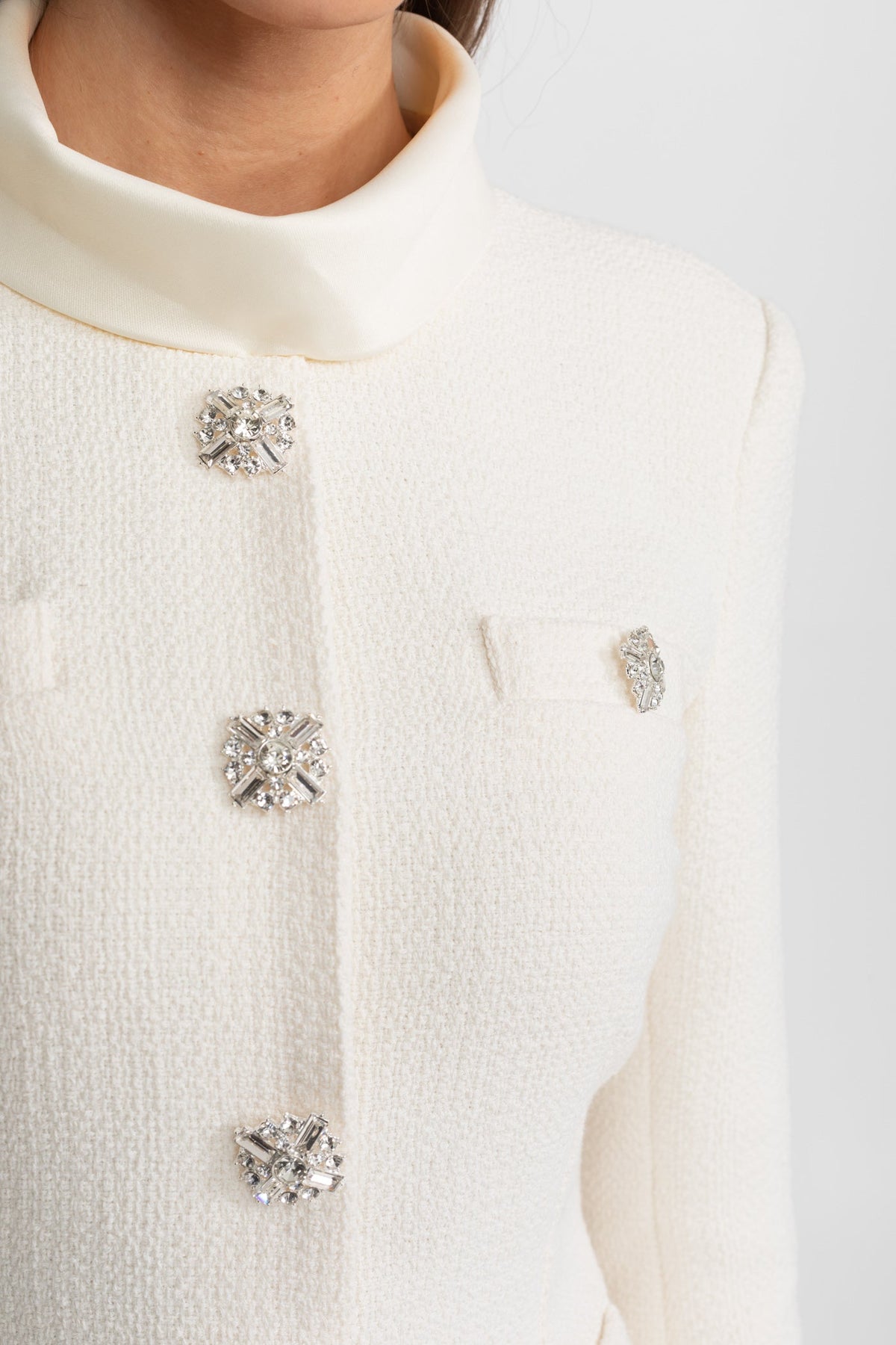 Textured Mini Dress with Crystal Button Embellishments – Ivoire