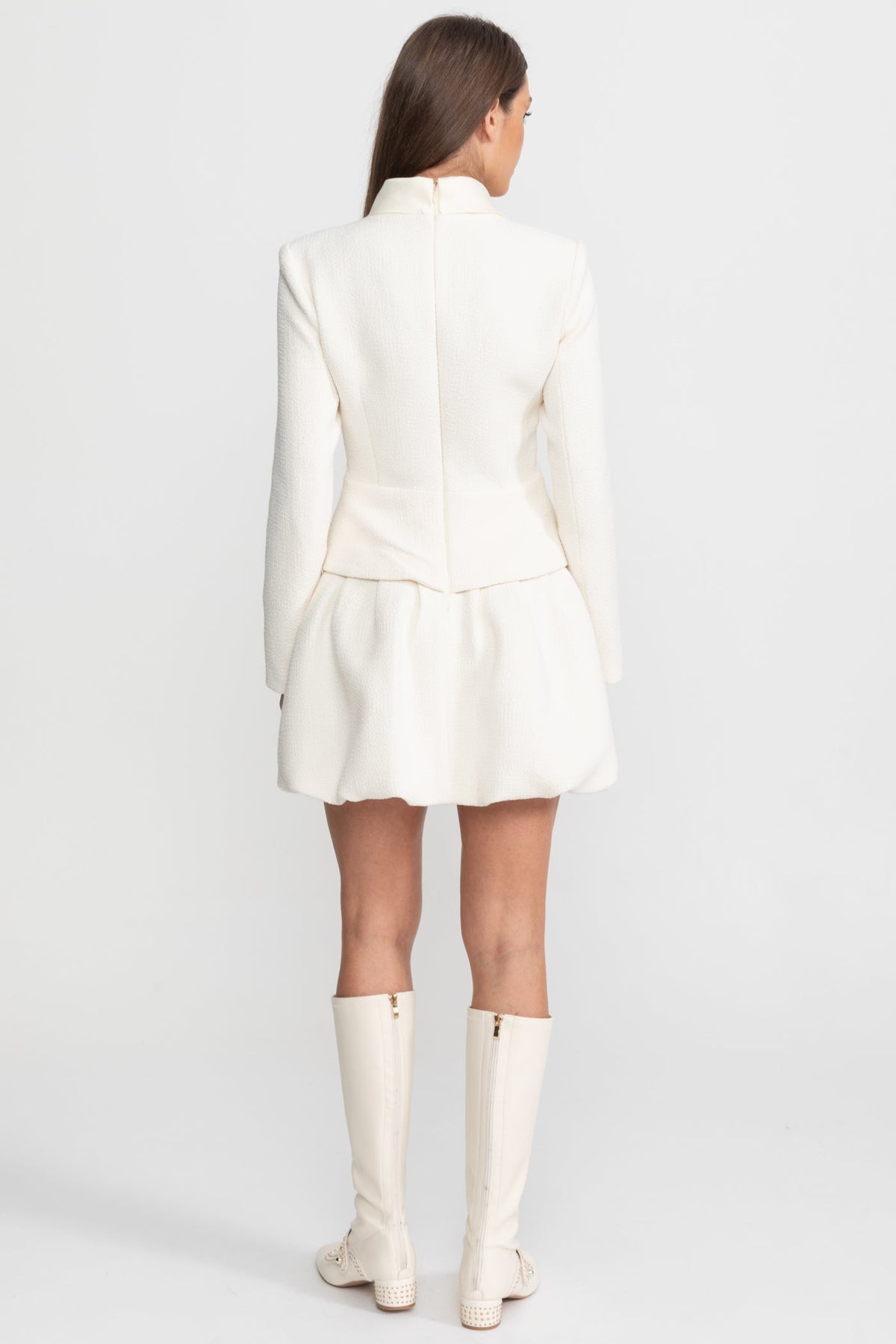 Textured Mini Dress with Crystal Button Embellishments – Ivoire