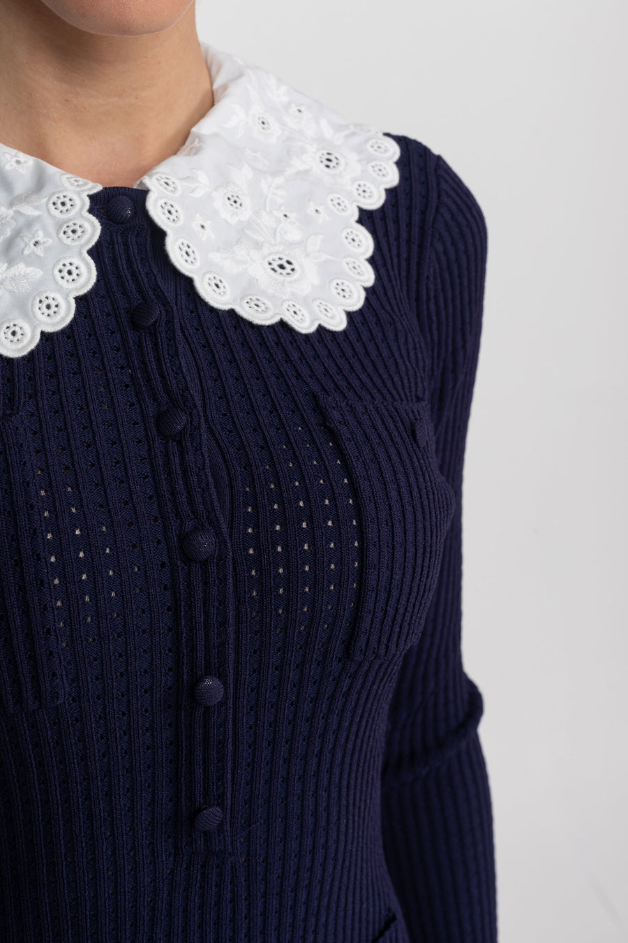 Knit Long Sleeve Mini Dress With Broderie Collar - Navy