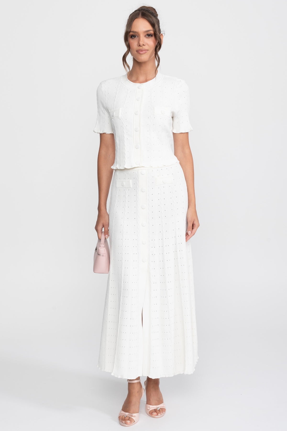 Ribbed Knit Co-Ord Set With Buttoned Front Cardigan And Matching Maxi Skirt - White