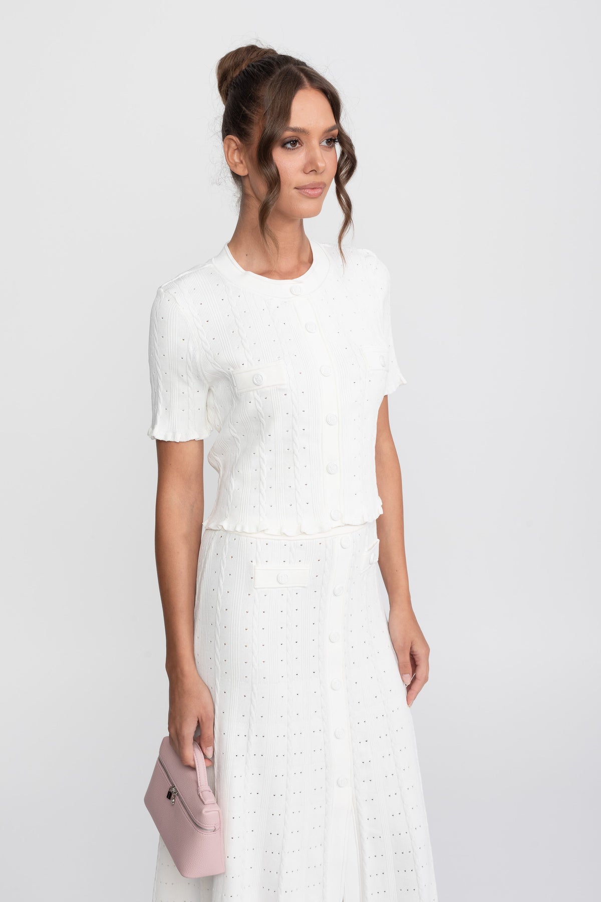 Ribbed Knit Co-Ord Set With Buttoned Front Cardigan And Matching Maxi Skirt - White