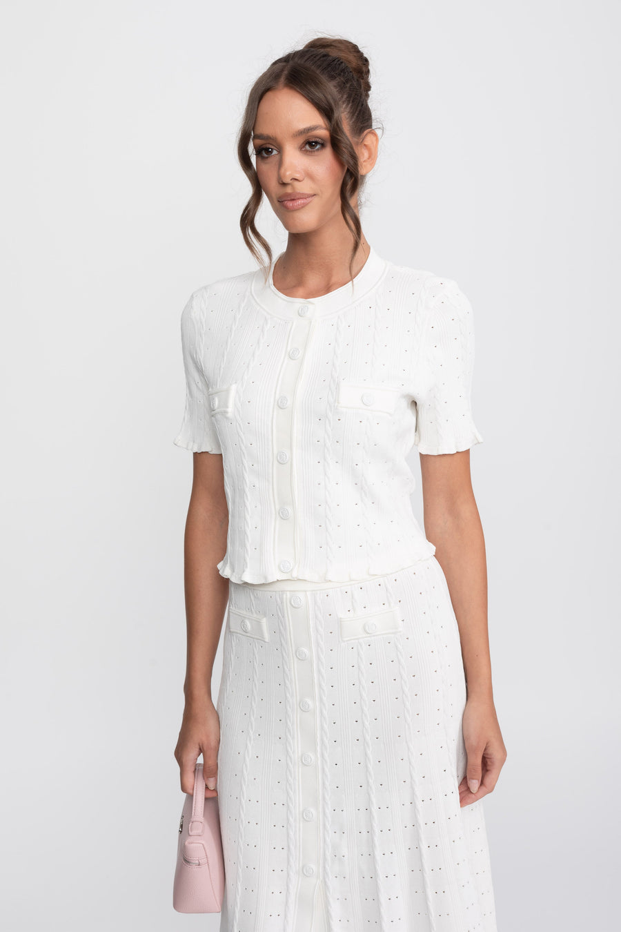 Ribbed Knit Co-Ord Set With Buttoned Front Cardigan And Matching Maxi Skirt - White